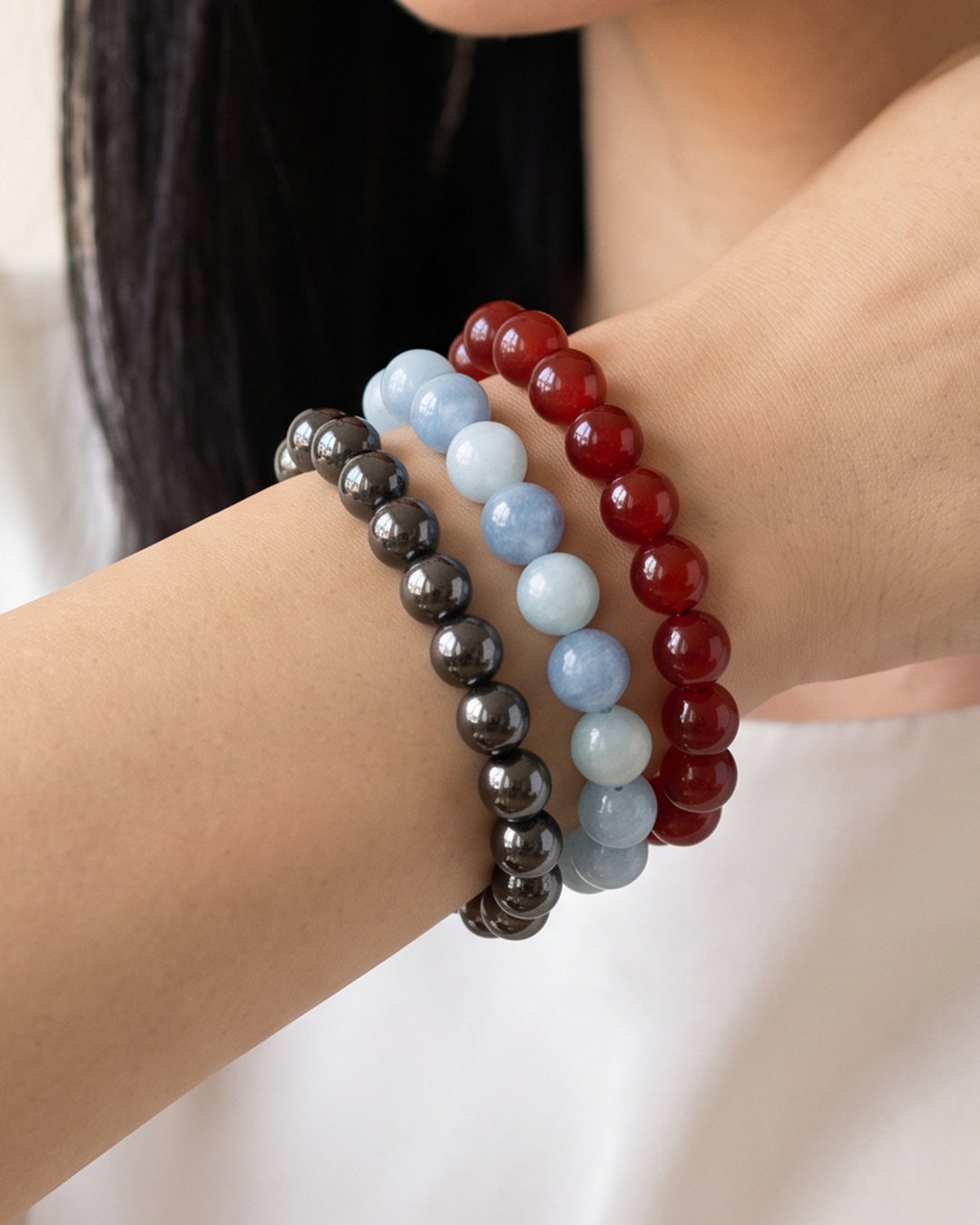 Red Navy Blue & White, Game Day Bracelet Stack, Gemstone Bracelet Set - 6mm