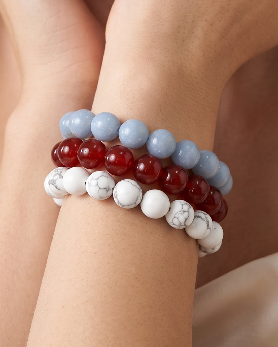 Blue Red & White, Game Day Bracelet Stack, Gemstone Bracelet Set - 6mm