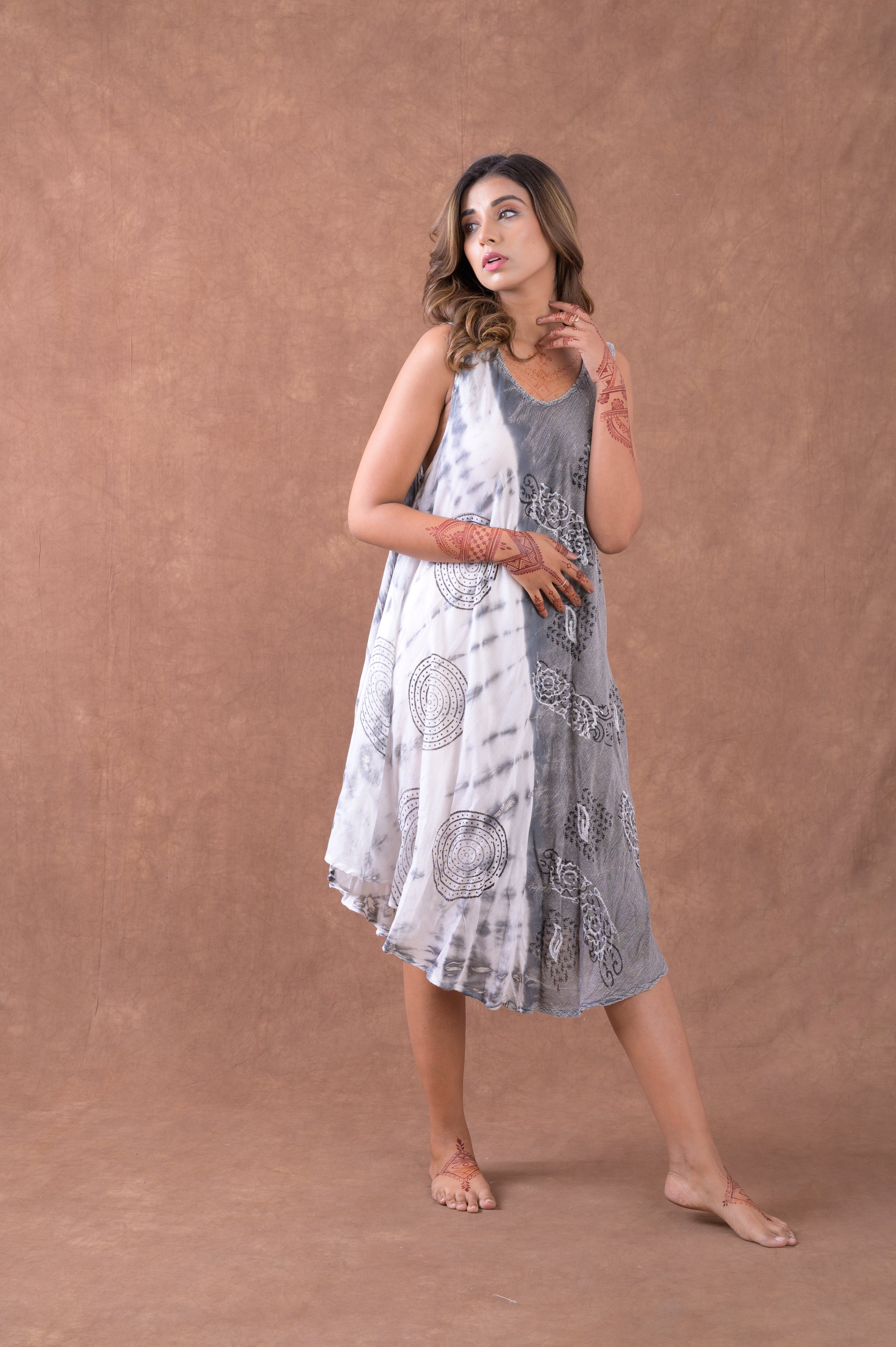 Rhea Dual-Tone Sleeveless Print Dress