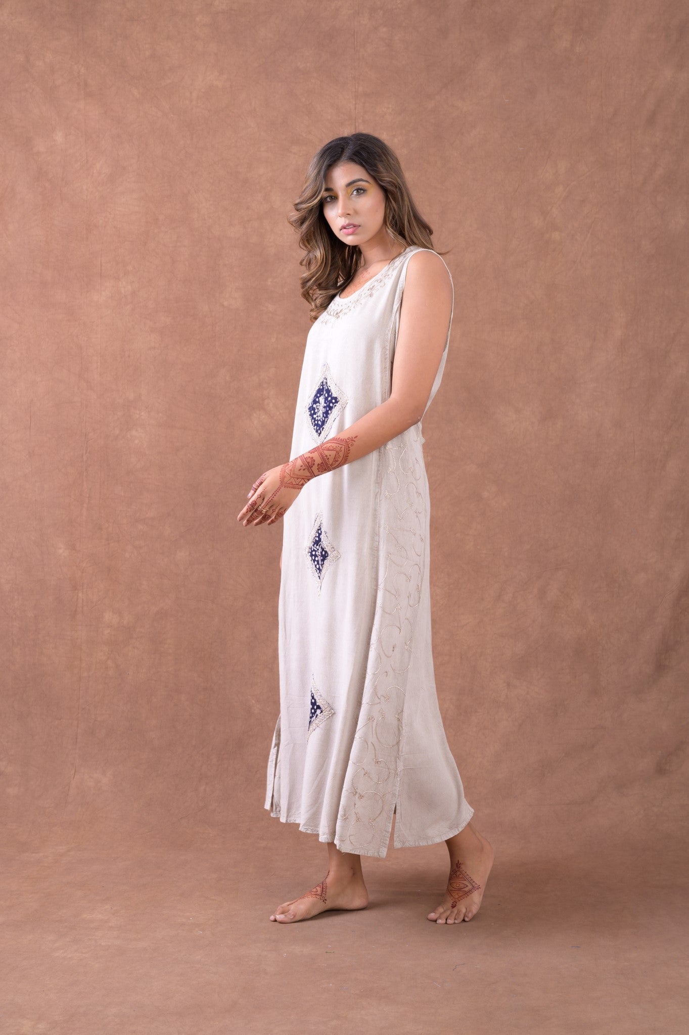 Rhea Long Diamond Patterned Dress Natural / One Size