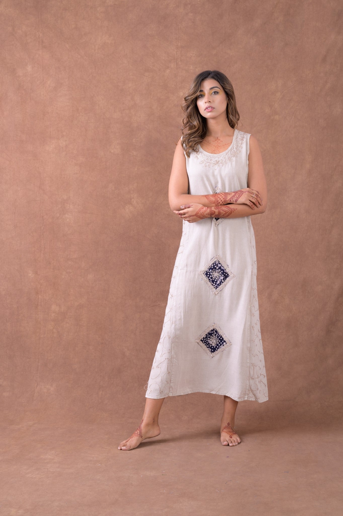 Rhea Long Diamond Patterned Dress Natural / One Size