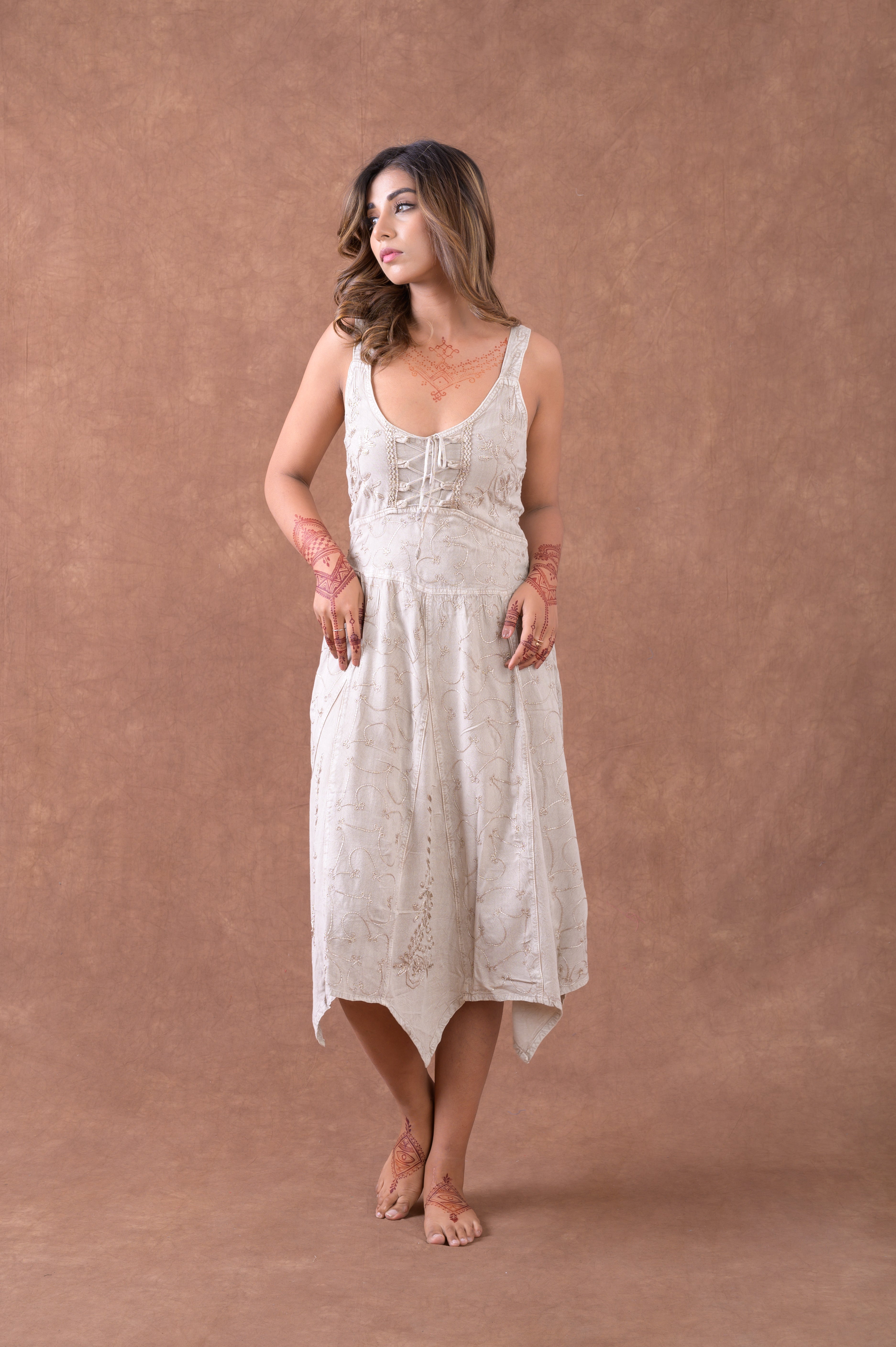 Rhea Natural & Laced Sleeveless Print Dress