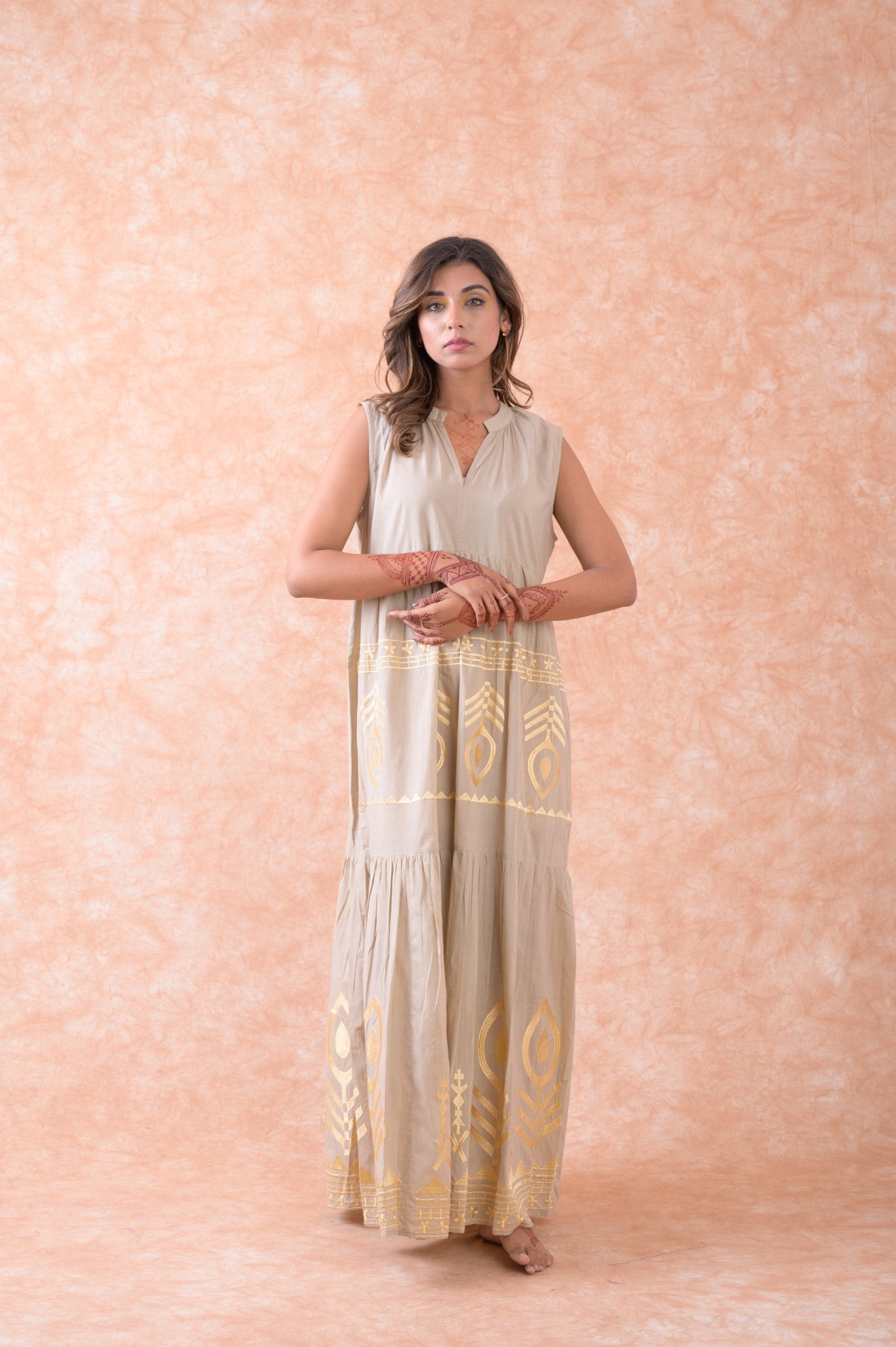 Rhea Golden Embroidered Dress Natural / S/M