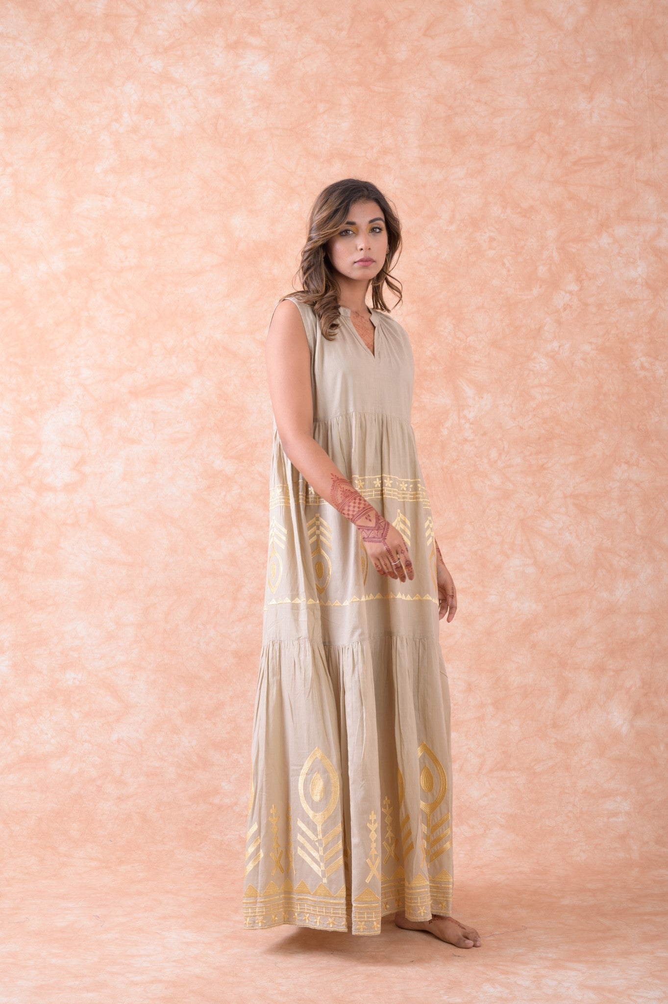 Rhea Golden Embroidered Dress Natural / L/X