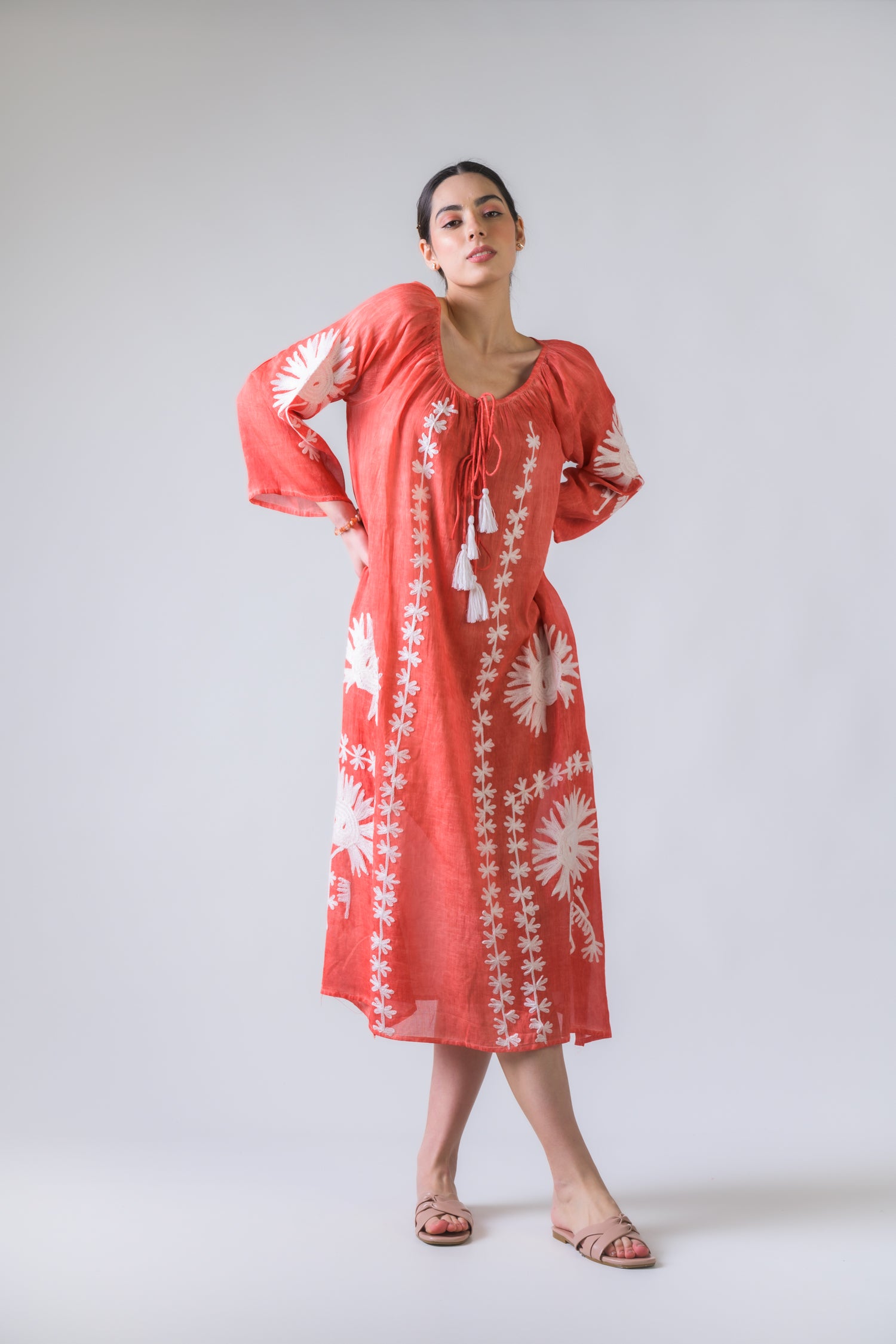 Rhea Flower Pattern Embroidered Long Dress Orange / One Size