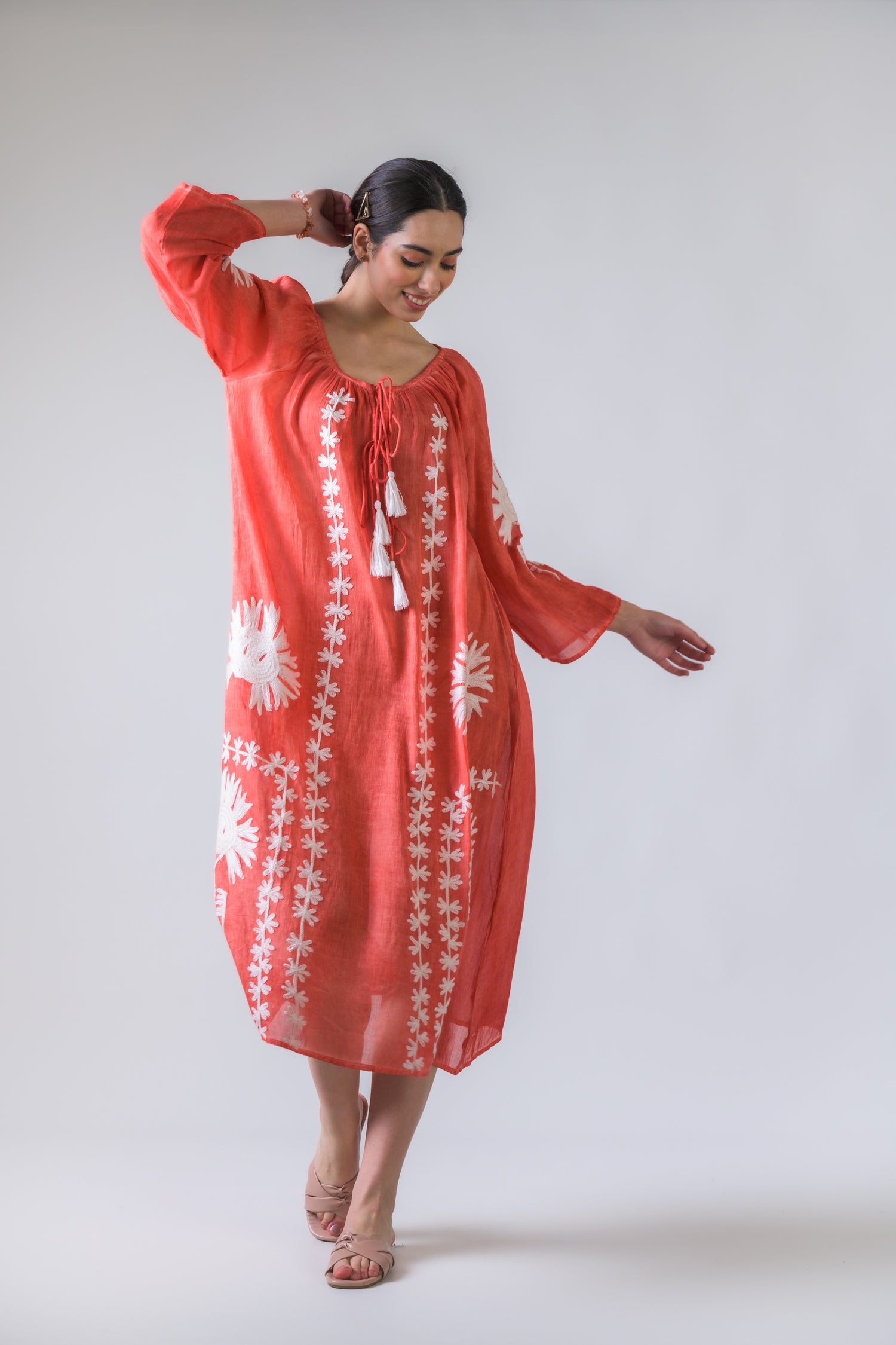 Rhea Flower Pattern Embroidered Long Dress Orange / One Size