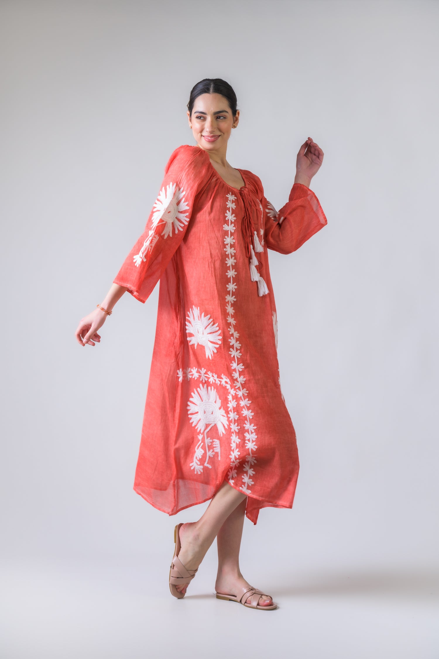 Rhea Flower Pattern Embroidered Long Dress Orange / One Size