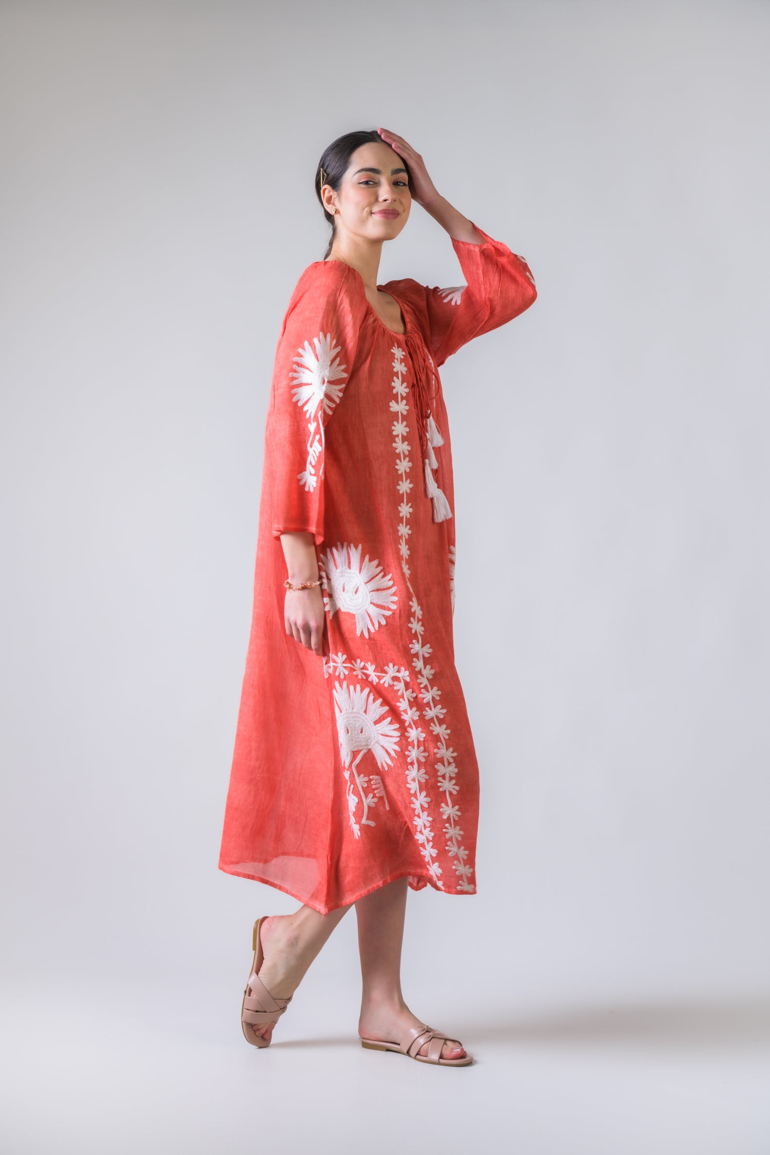 Rhea Flower Pattern Embroidered Long Dress Orange / One Size