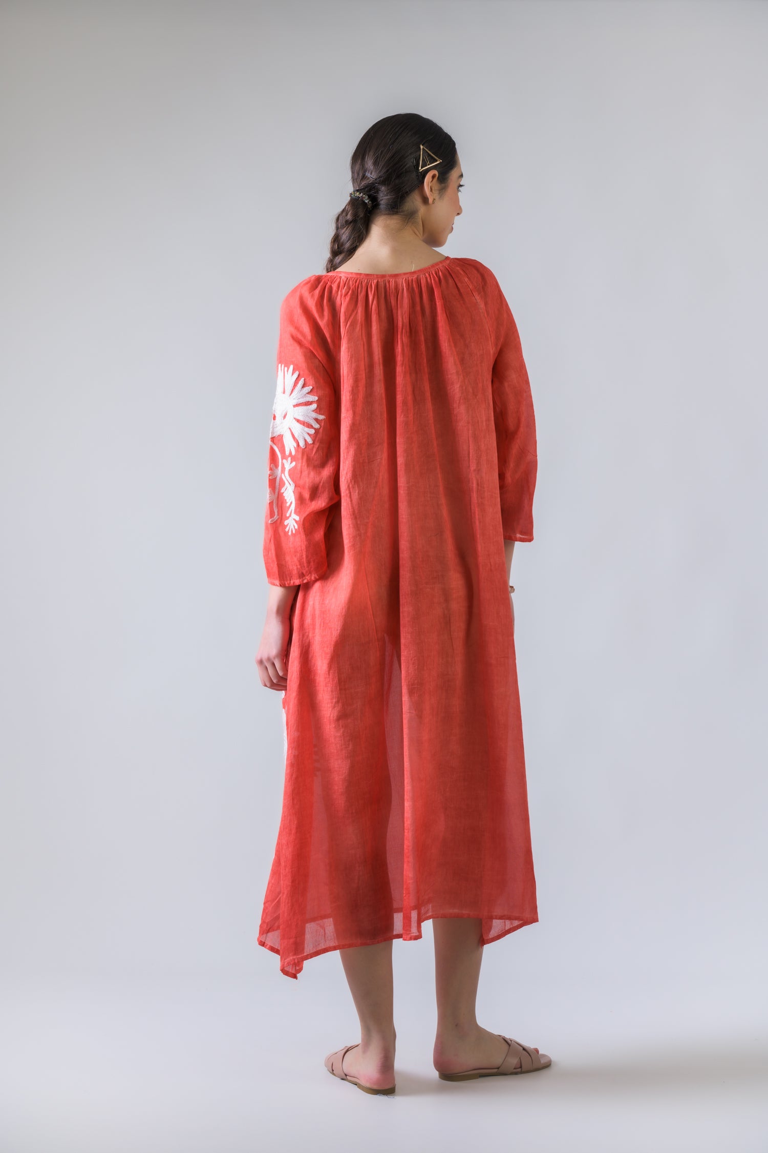 Rhea Flower Pattern Embroidered Long Dress Orange / One Size