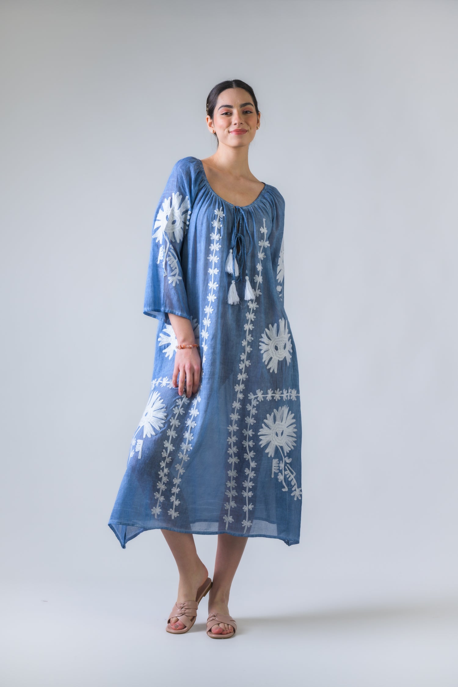 Rhea Flower Pattern Embroidered Long Dress Denim Blue / One Size