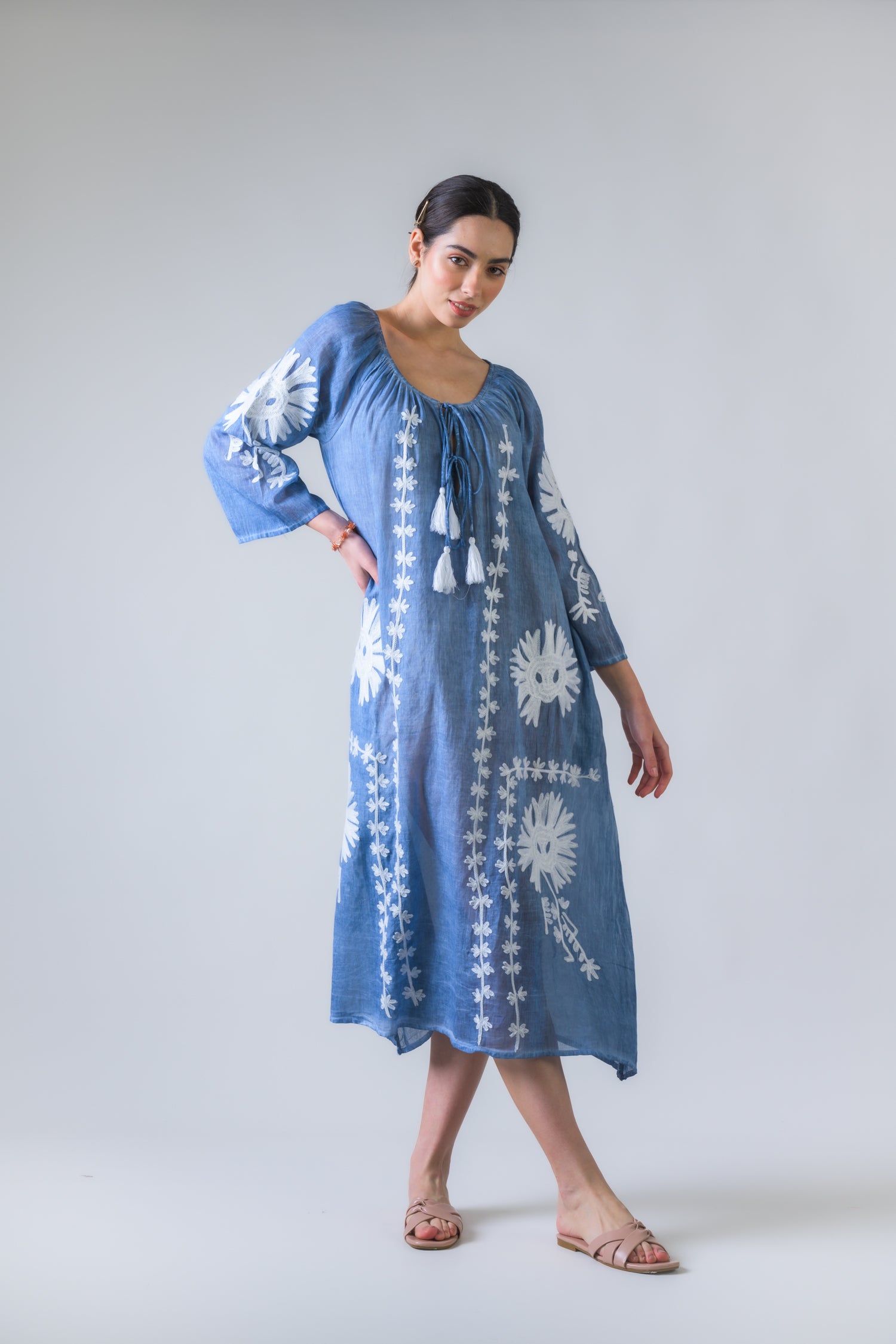 Rhea Flower Pattern Embroidered Long Dress Denim Blue / One Size
