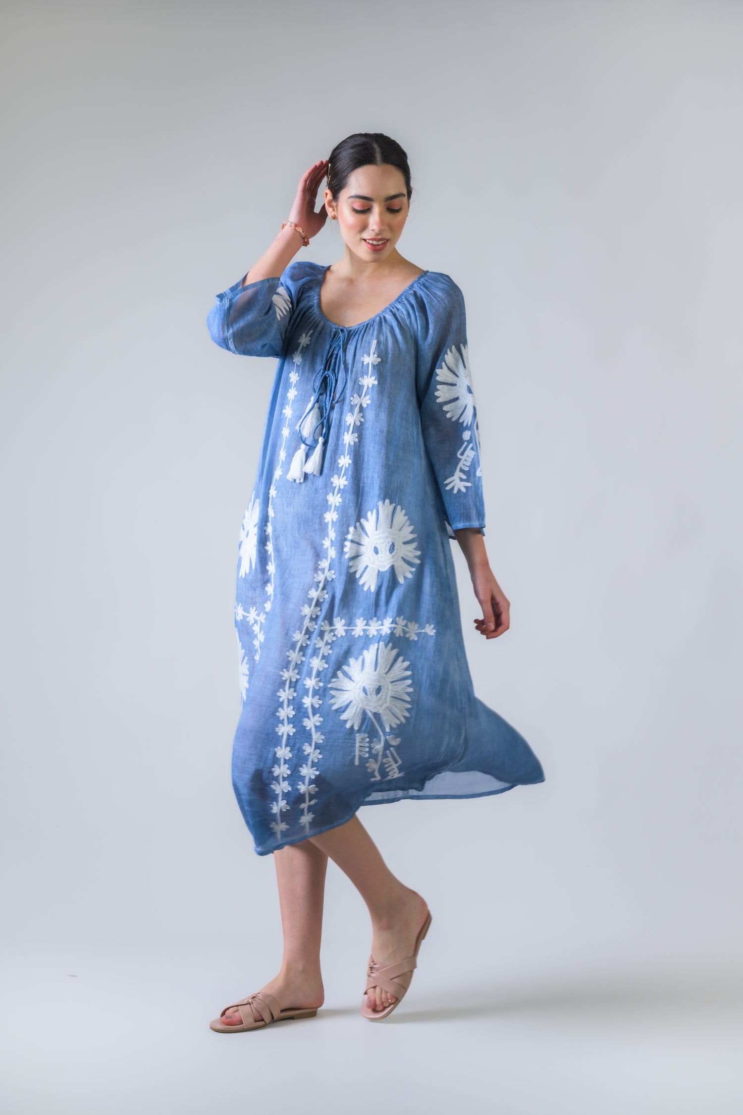 Rhea Flower Pattern Embroidered Long Dress Denim Blue / One Size