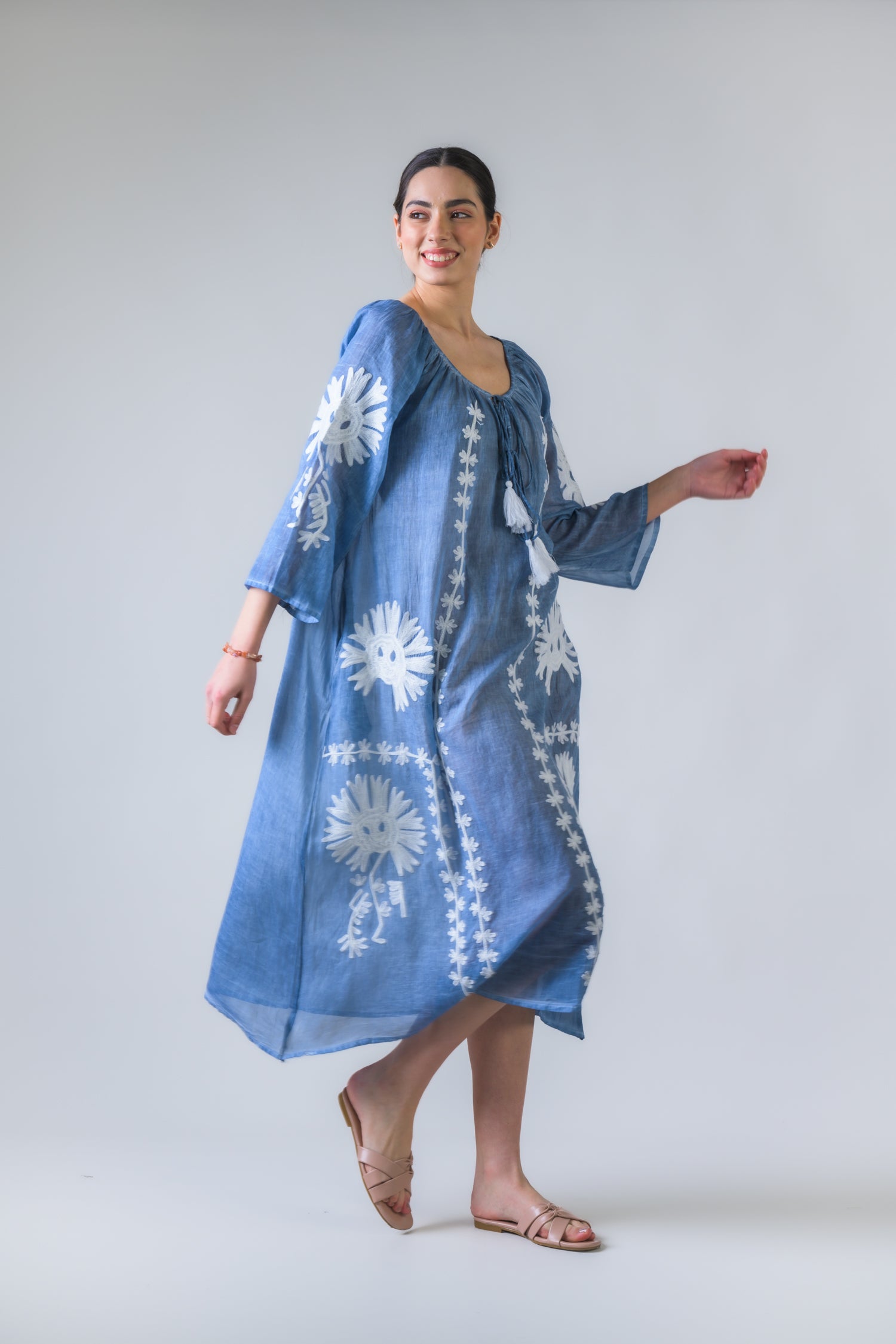 Rhea Flower Pattern Embroidered Long Dress Denim Blue / One Size