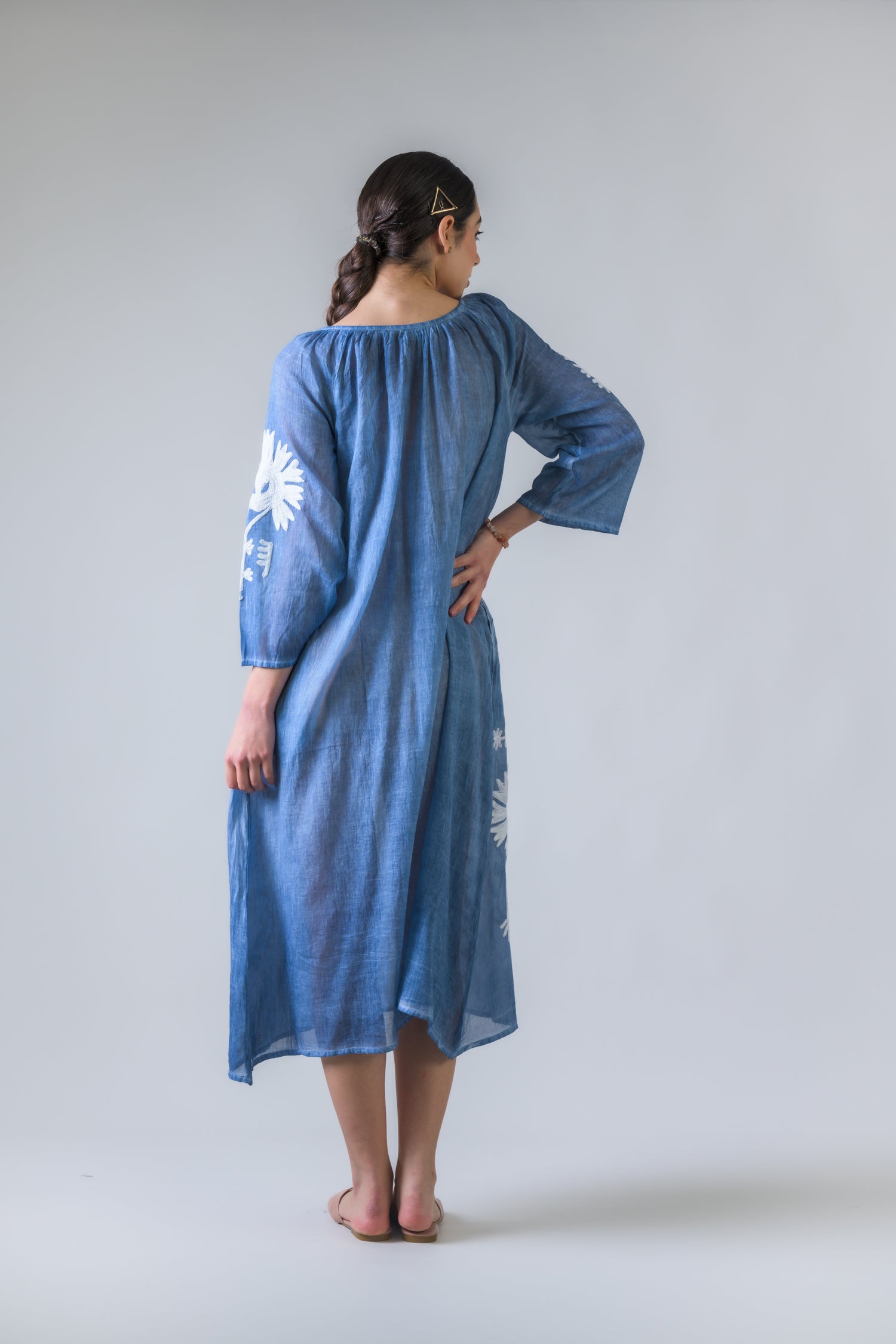 Rhea Flower Pattern Embroidered Long Dress Denim Blue / One Size