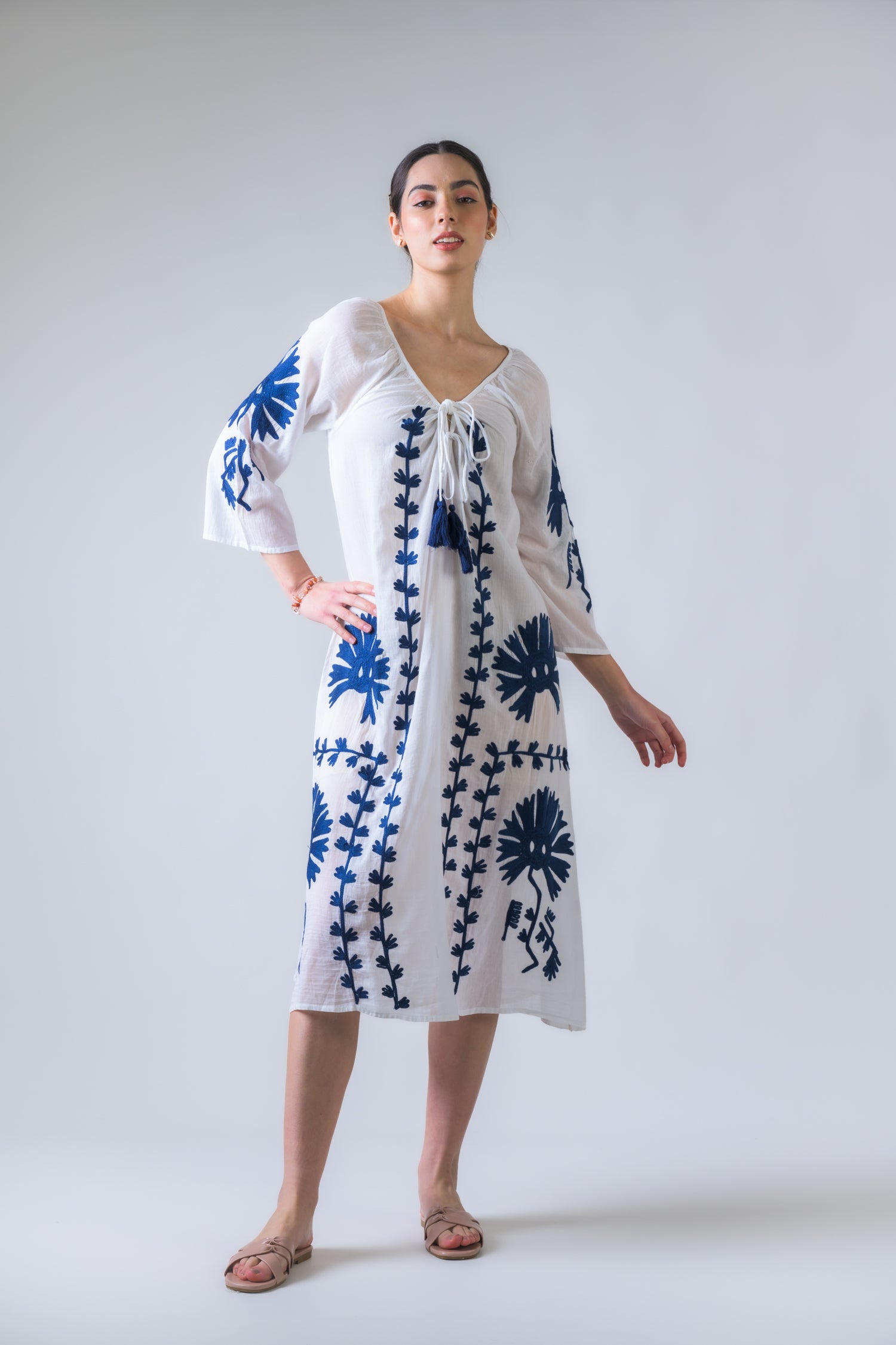 Rhea Flower Pattern Embroidered Long Dress Denim Blue / One Size
