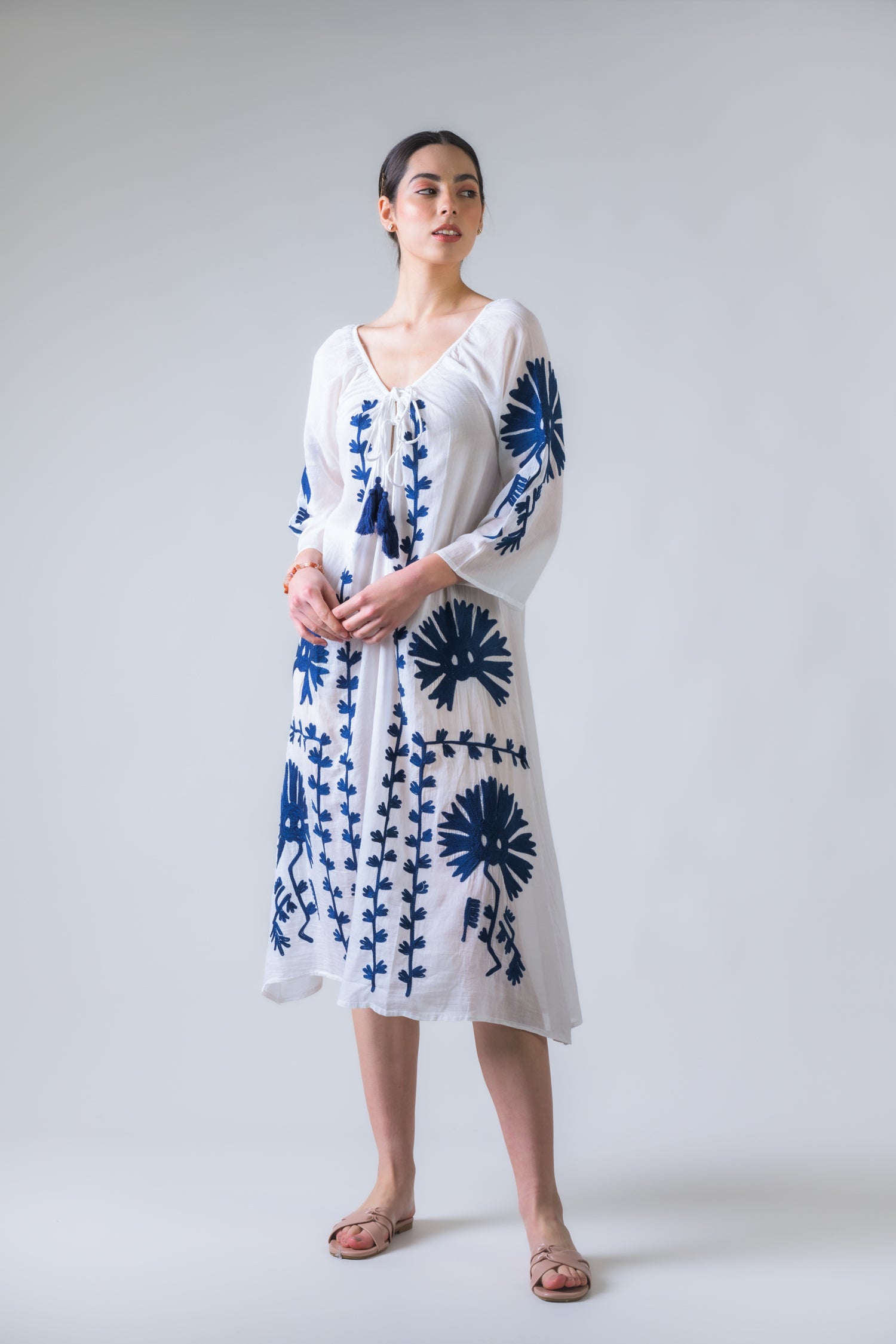 Rhea Flower Pattern Embroidered Long Dress Denim Blue / One Size