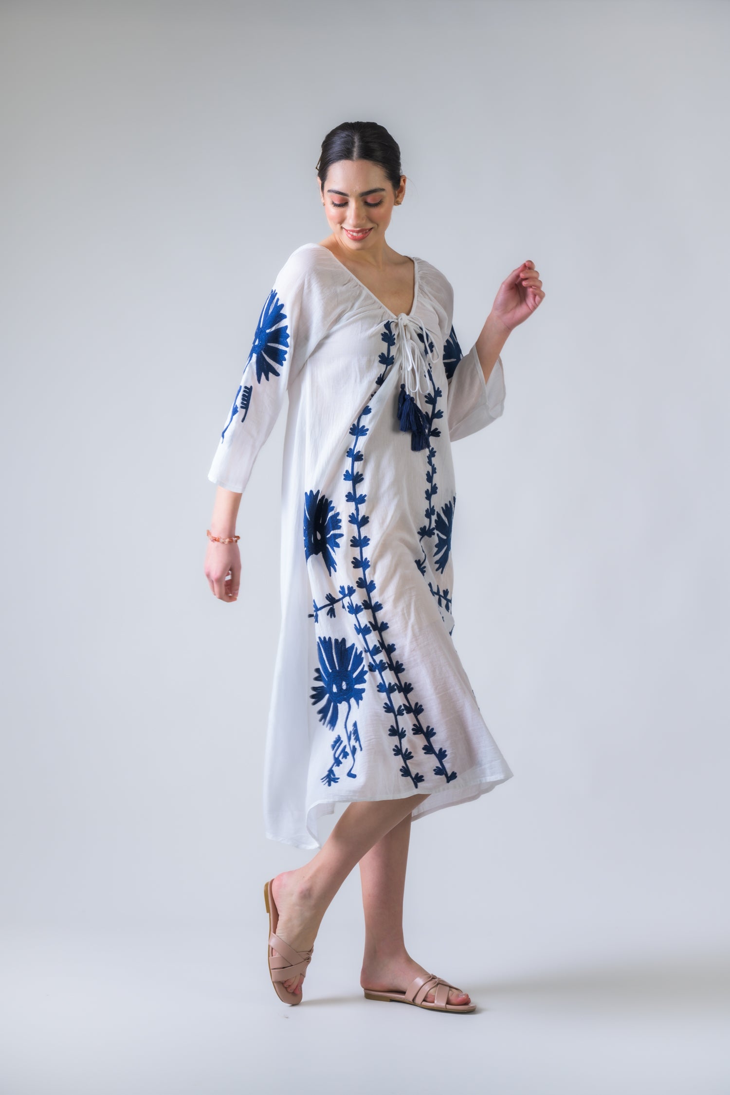 Rhea Flower Pattern Embroidered Long Dress Denim Blue / One Size