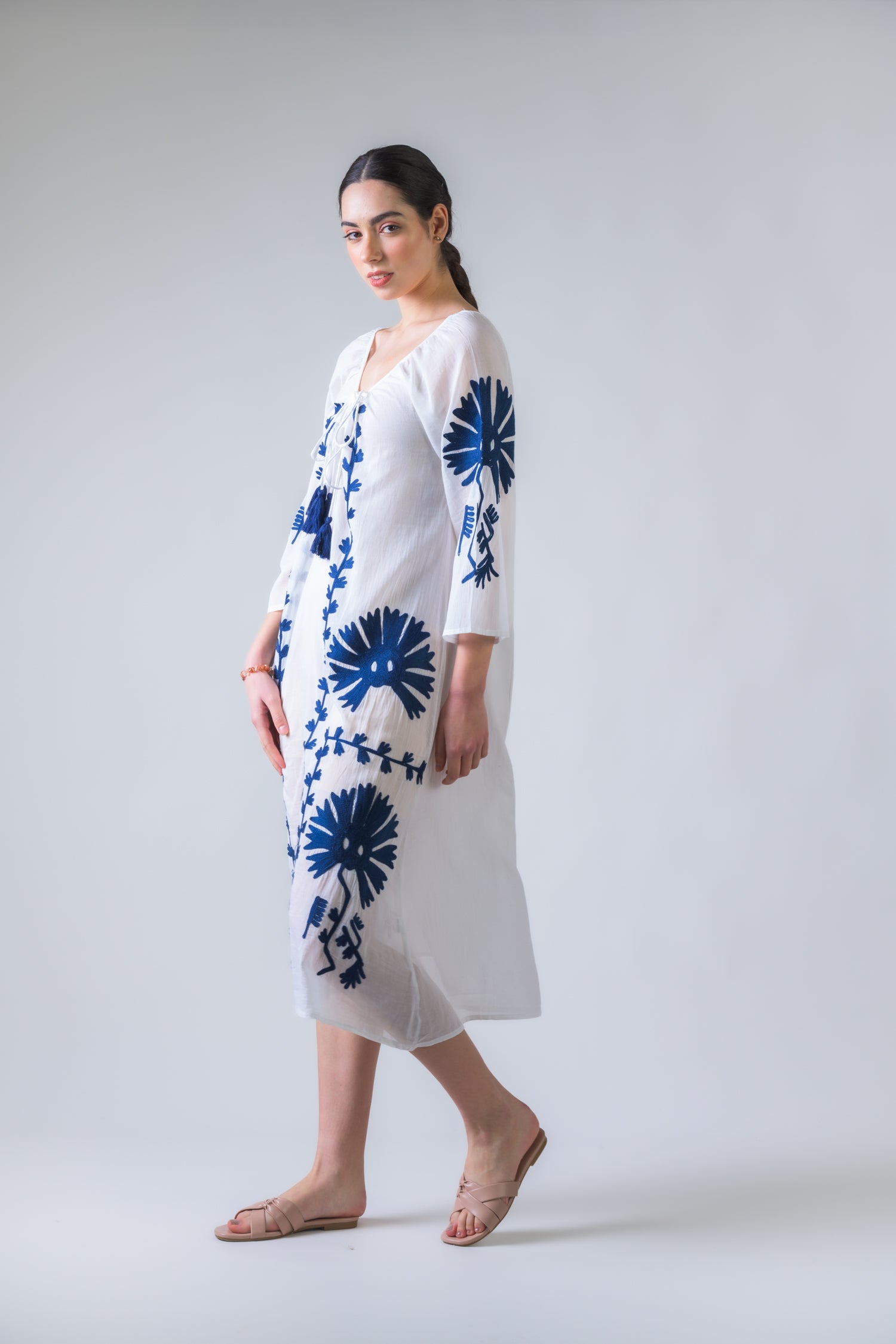 Rhea Flower Pattern Embroidered Long Dress Denim Blue / One Size