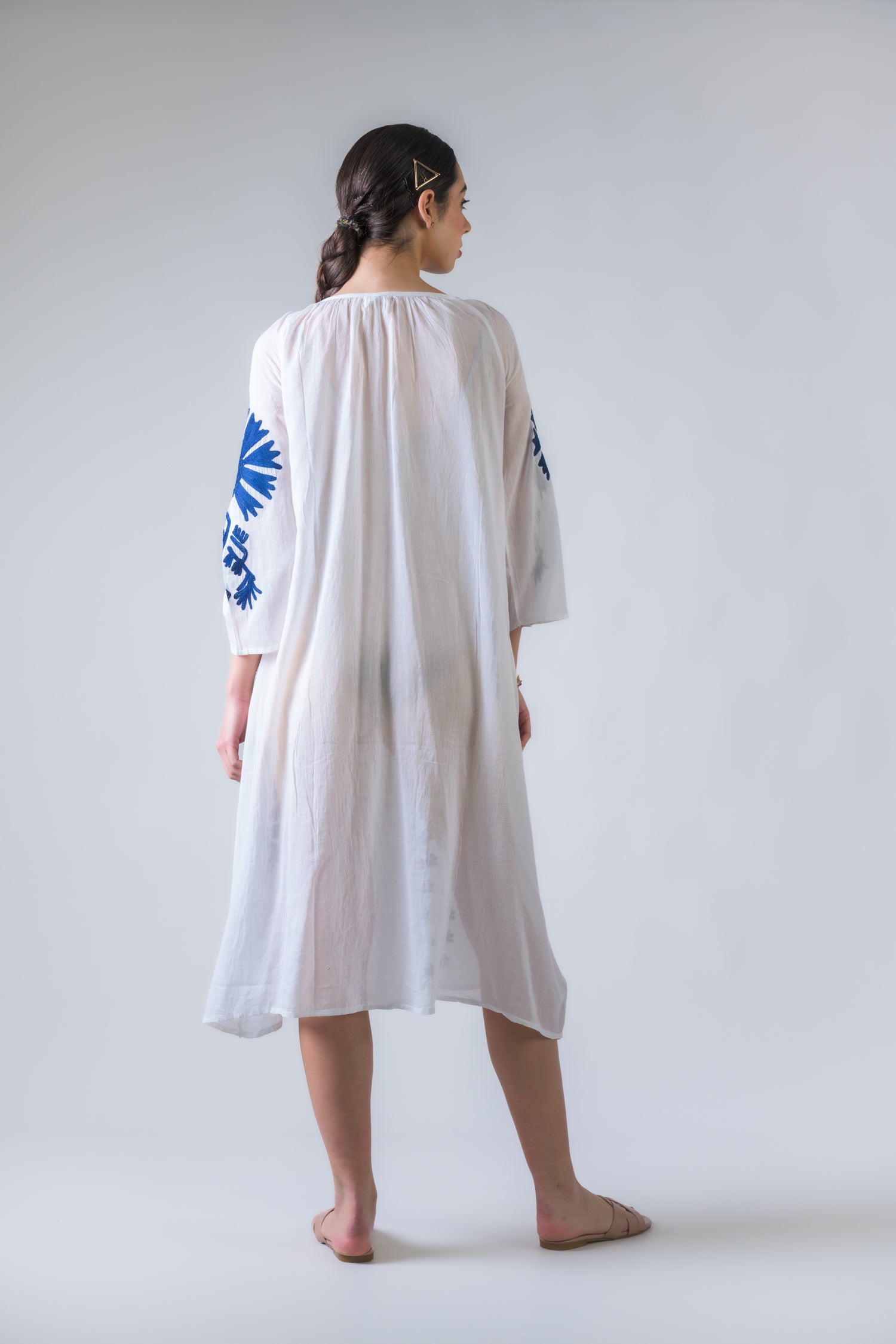 Rhea Flower Pattern Embroidered Long Dress Denim Blue / One Size