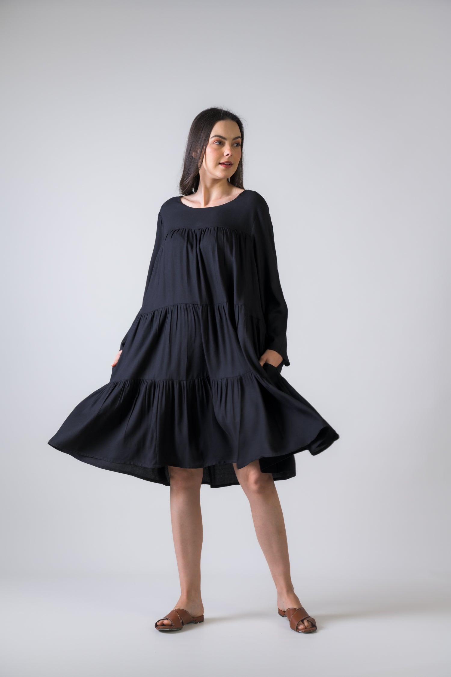 Rhea Turin Dress with Long Sleeves Black / S/M