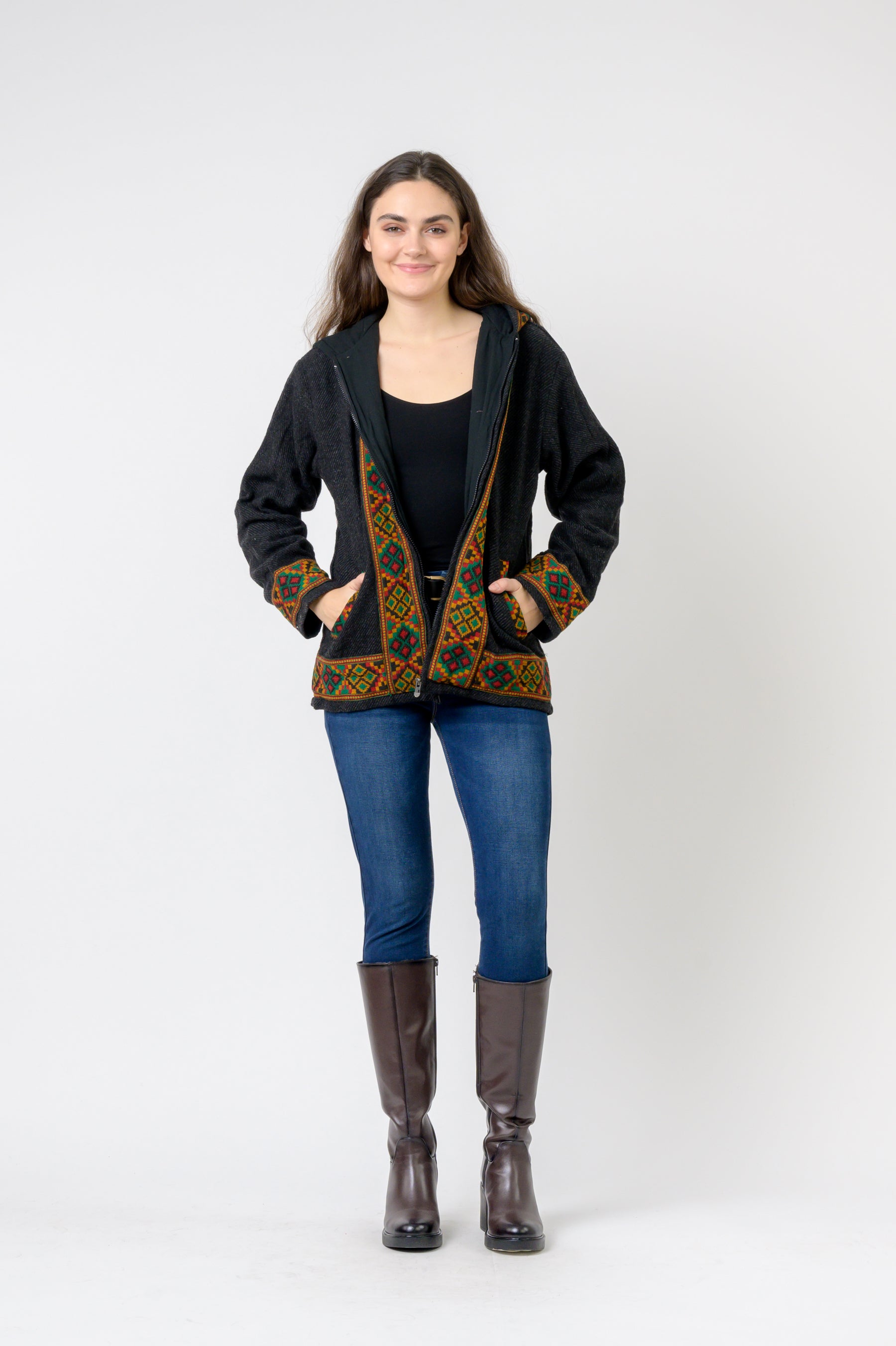 Rhea Solid Jacket With Patterned Hem