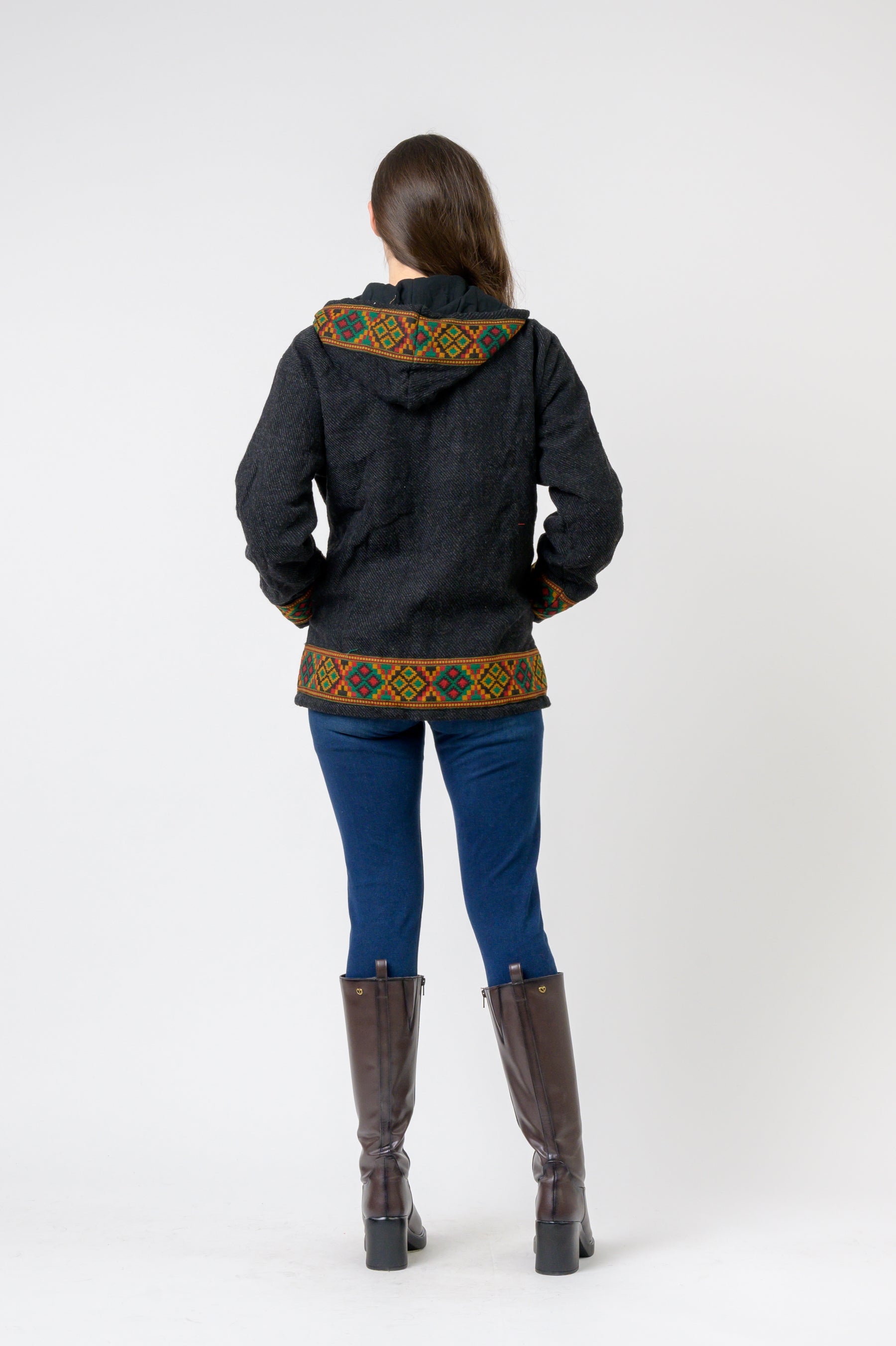 Rhea Solid Jacket With Patterned Hem