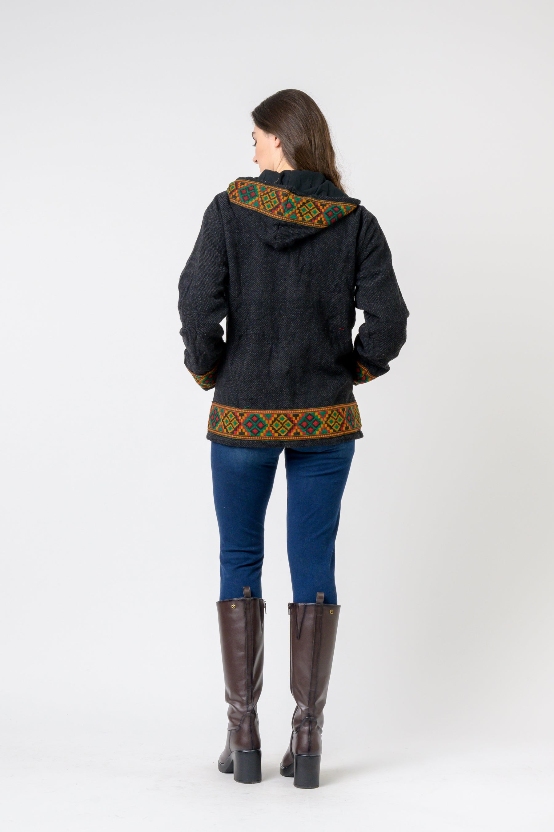 Rhea Solid Jacket With Patterned Hem