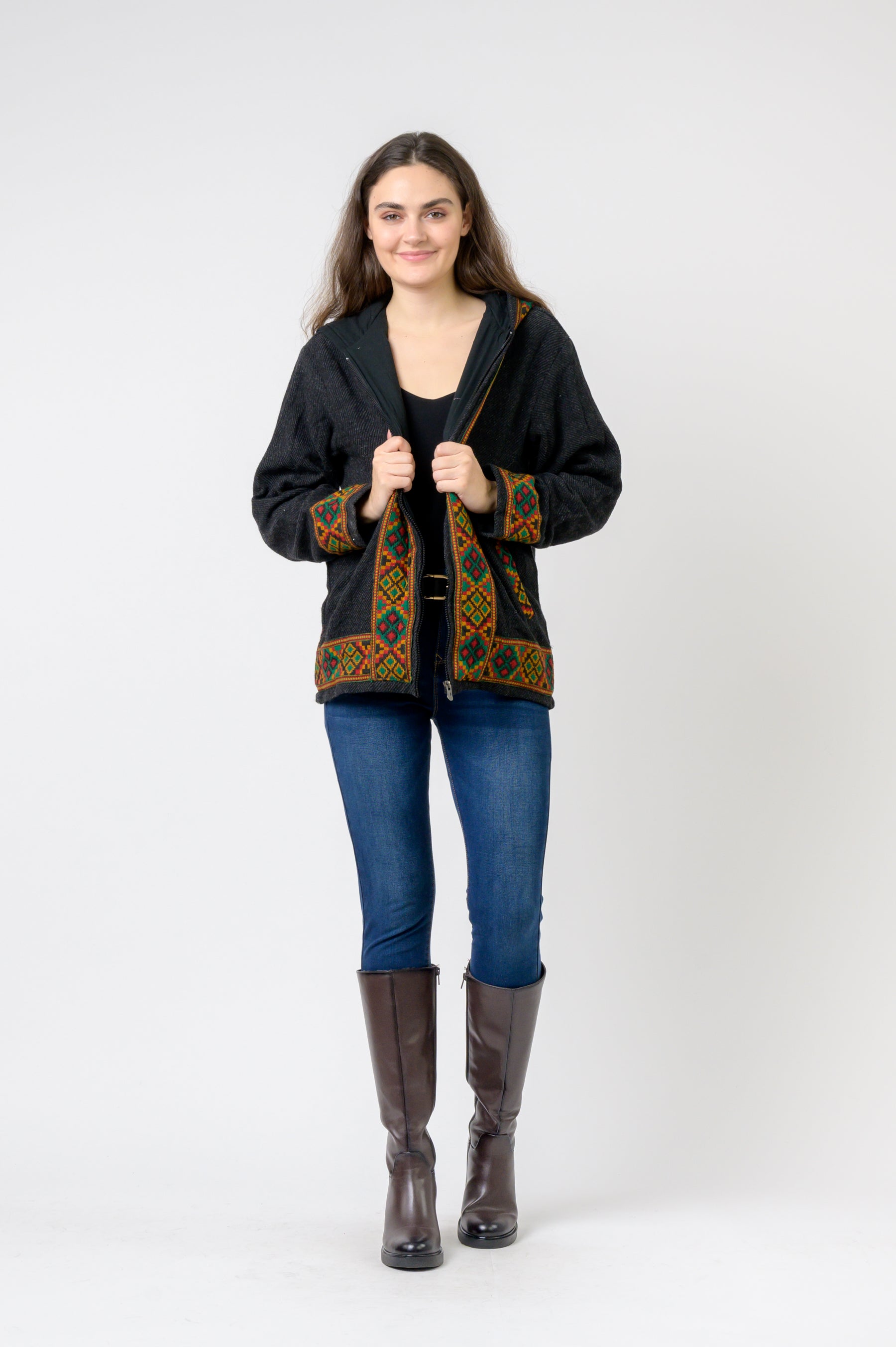 Rhea Solid Jacket With Patterned Hem