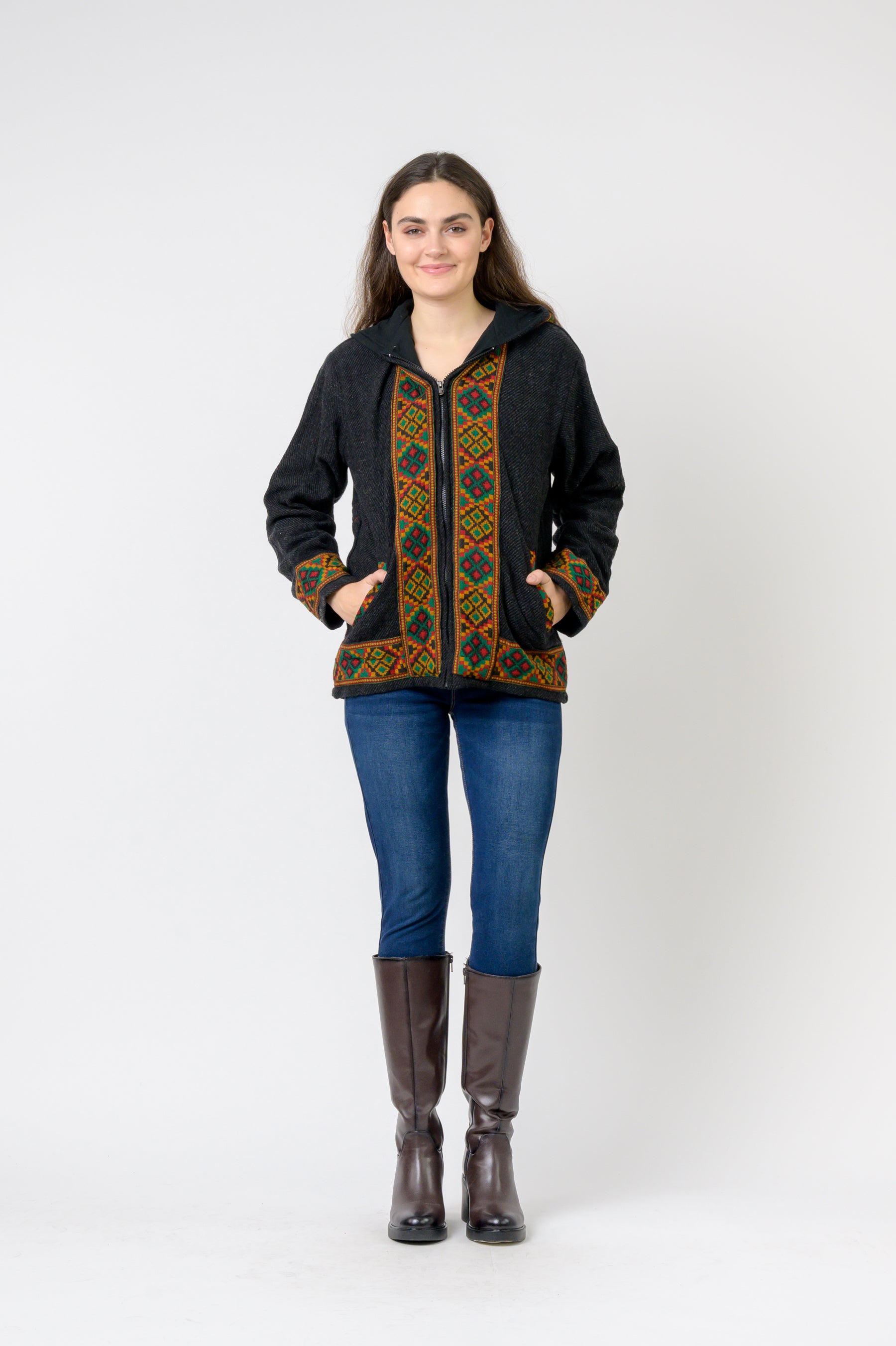 Rhea Solid Jacket With Patterned Hem