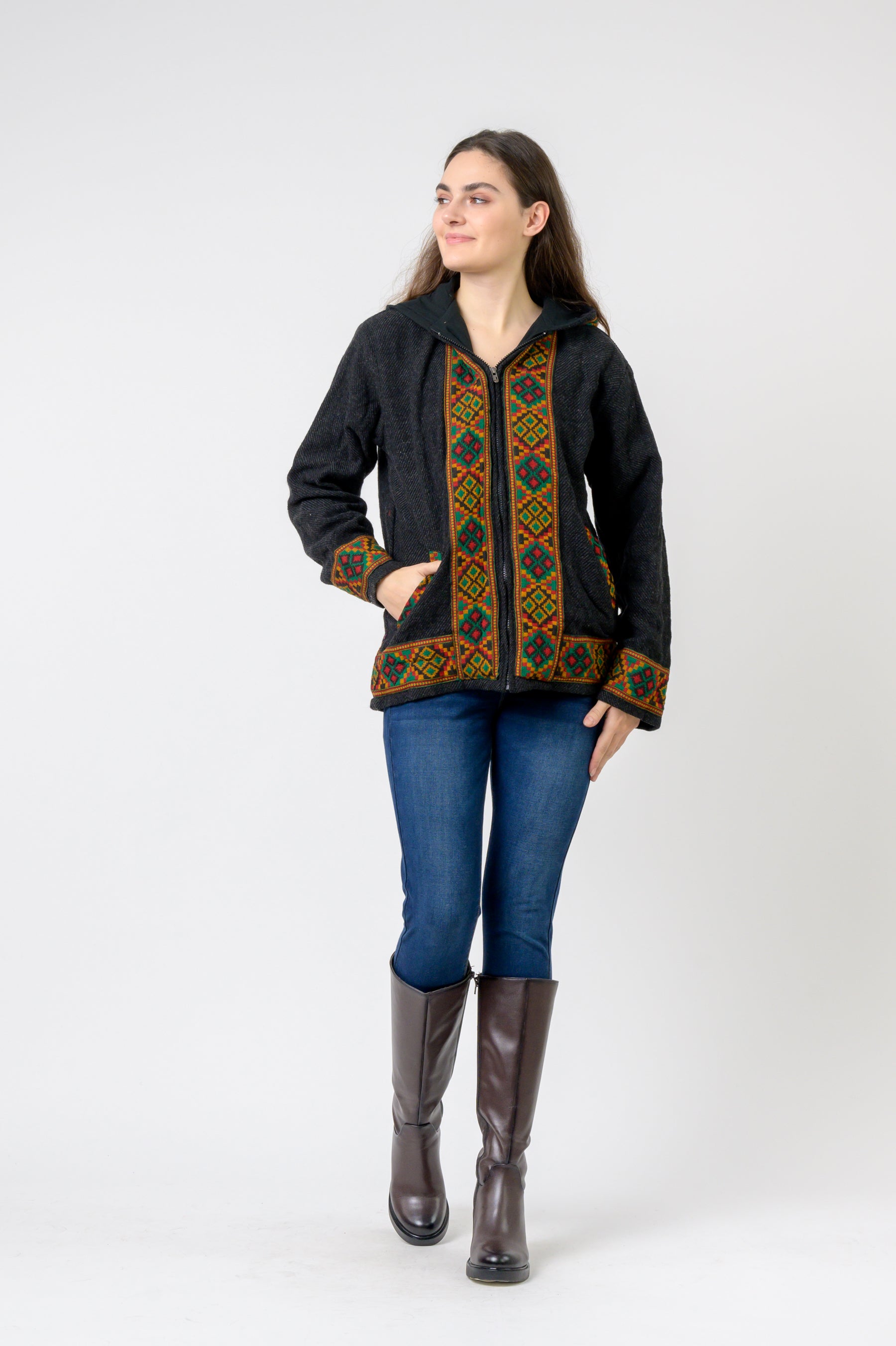 Rhea Solid Jacket With Patterned Hem