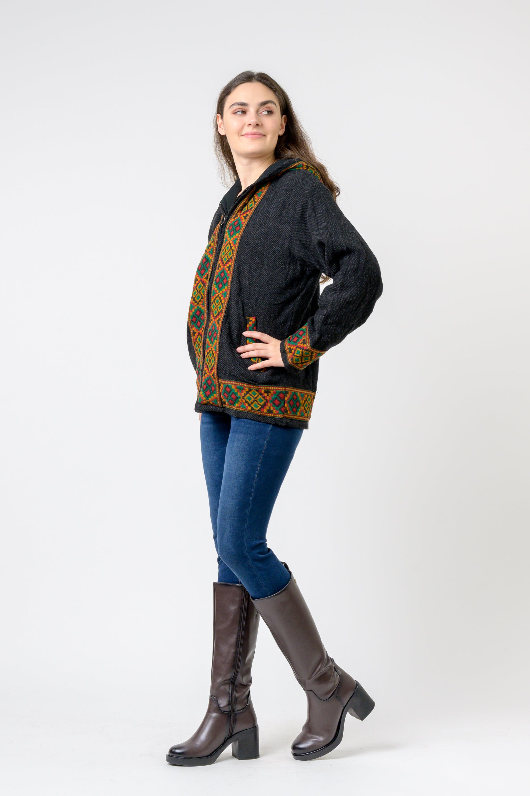 Rhea Solid Jacket With Patterned Hem