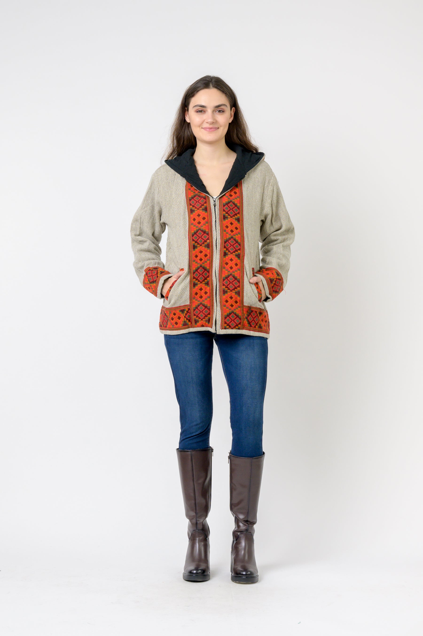 Rhea Solid Jacket With Patterned Hem