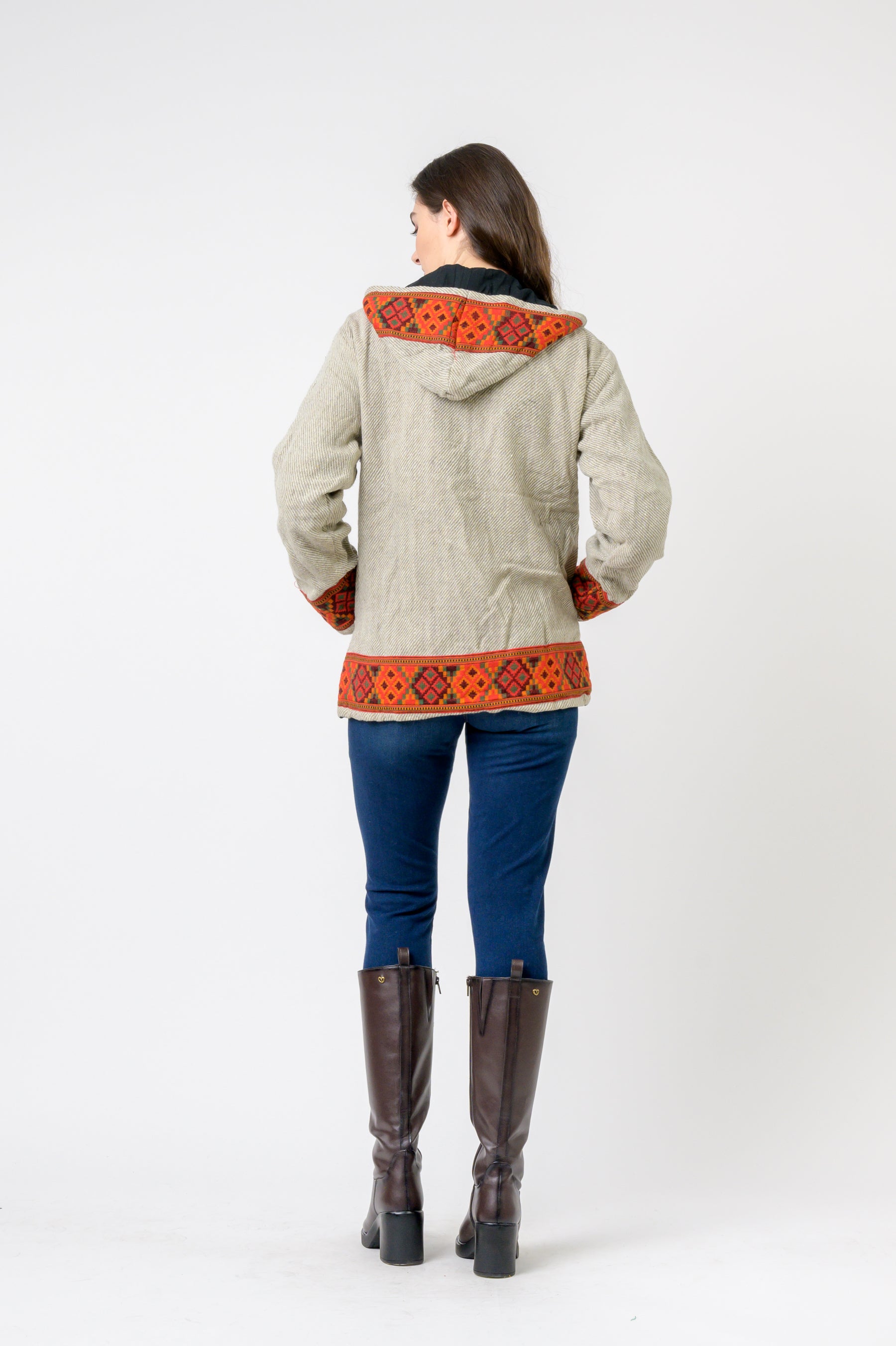 Rhea Solid Jacket With Patterned Hem