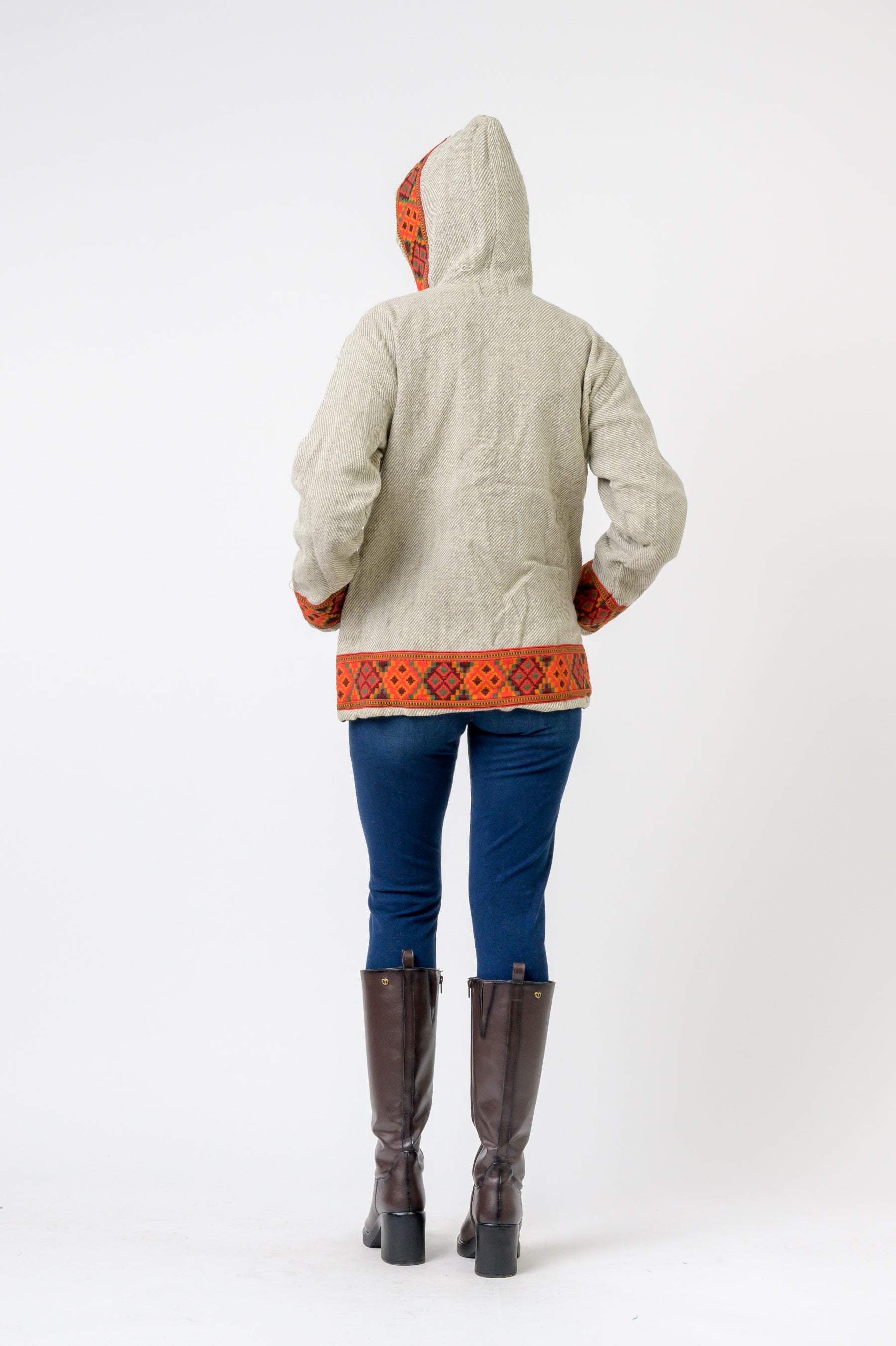 Rhea Solid Jacket With Patterned Hem