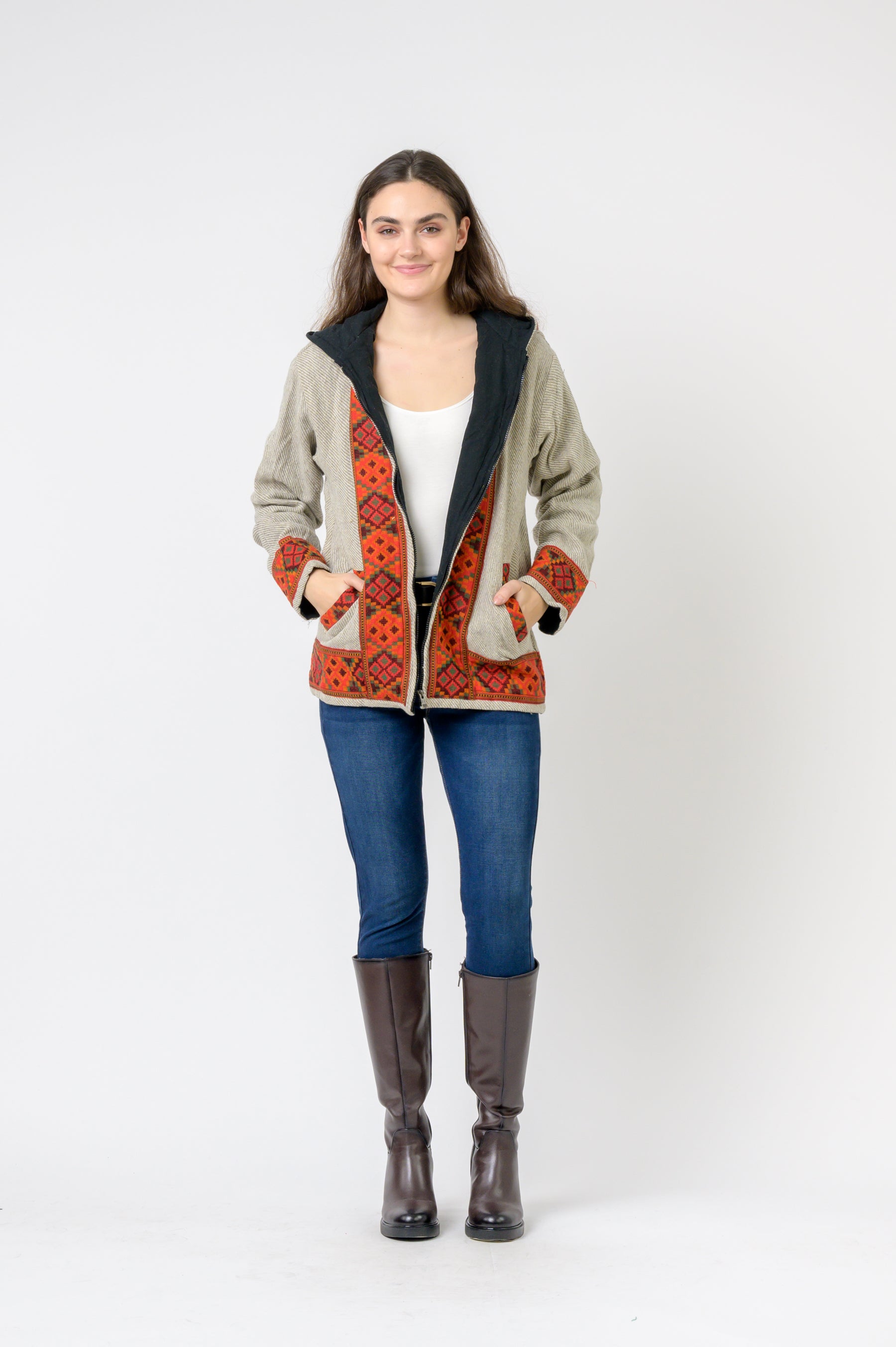 Rhea Solid Jacket With Patterned Hem