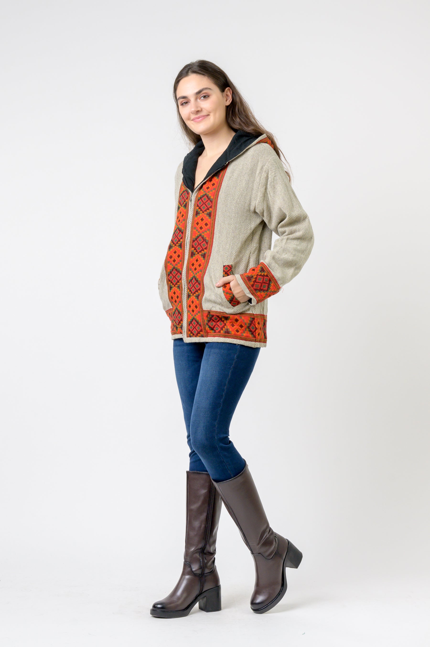 Rhea Solid Jacket With Patterned Hem