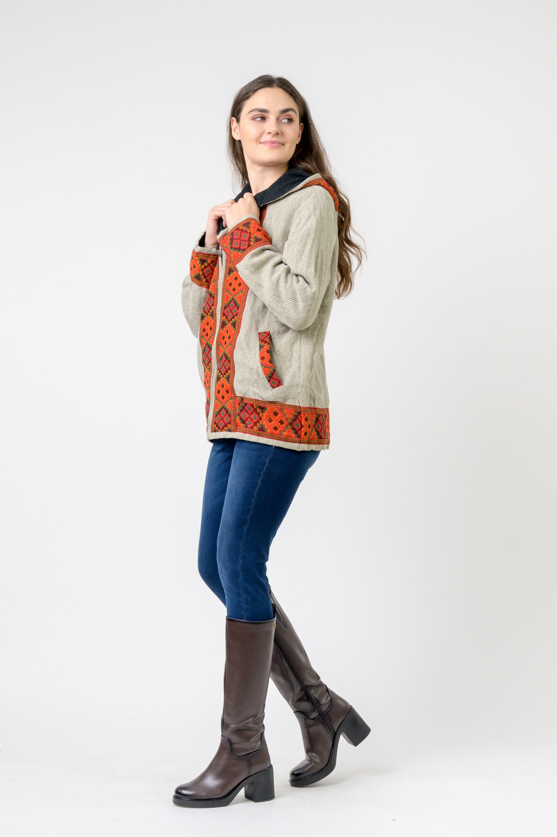 Rhea Solid Jacket With Patterned Hem