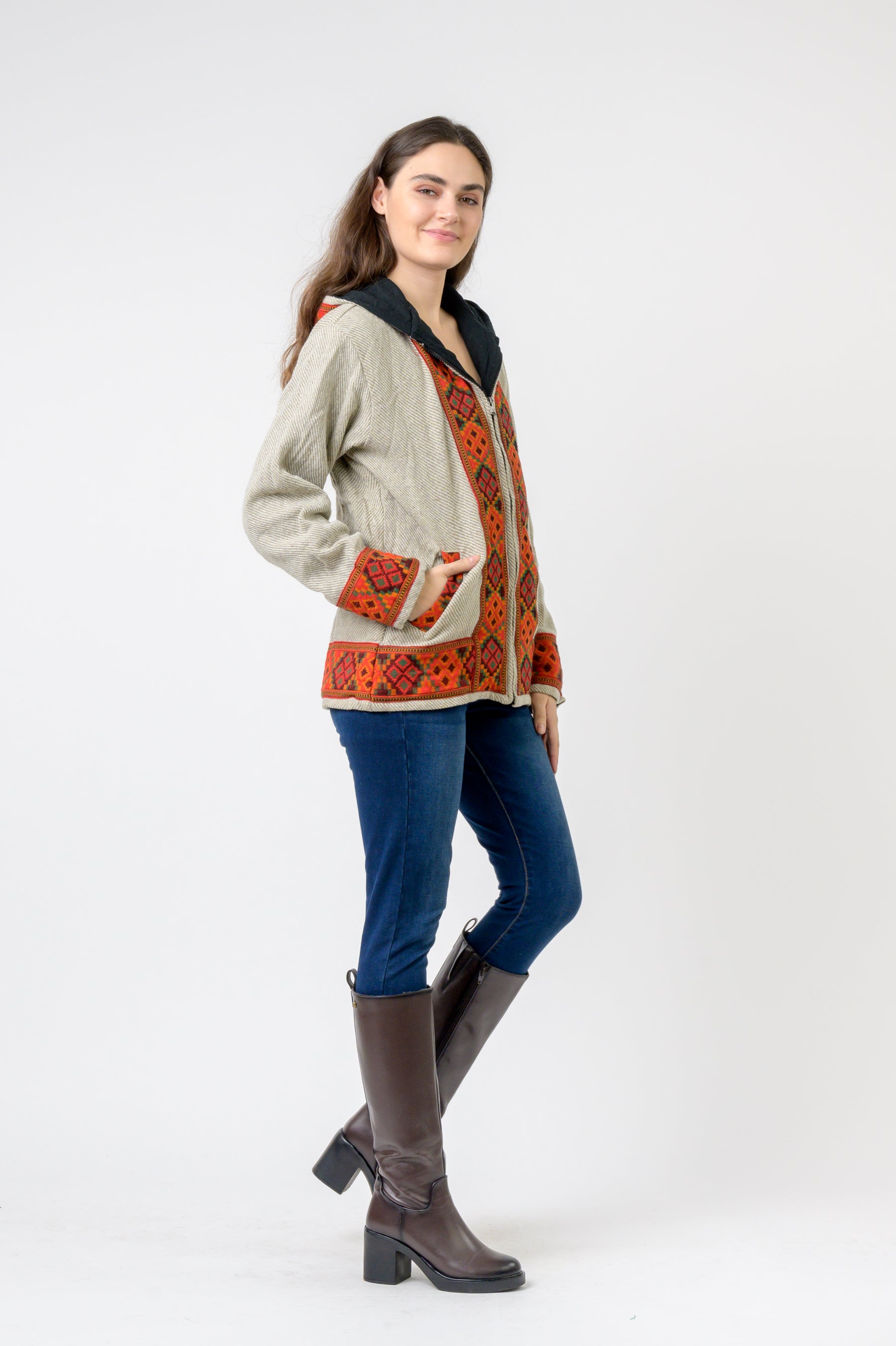 Rhea Solid Jacket With Patterned Hem