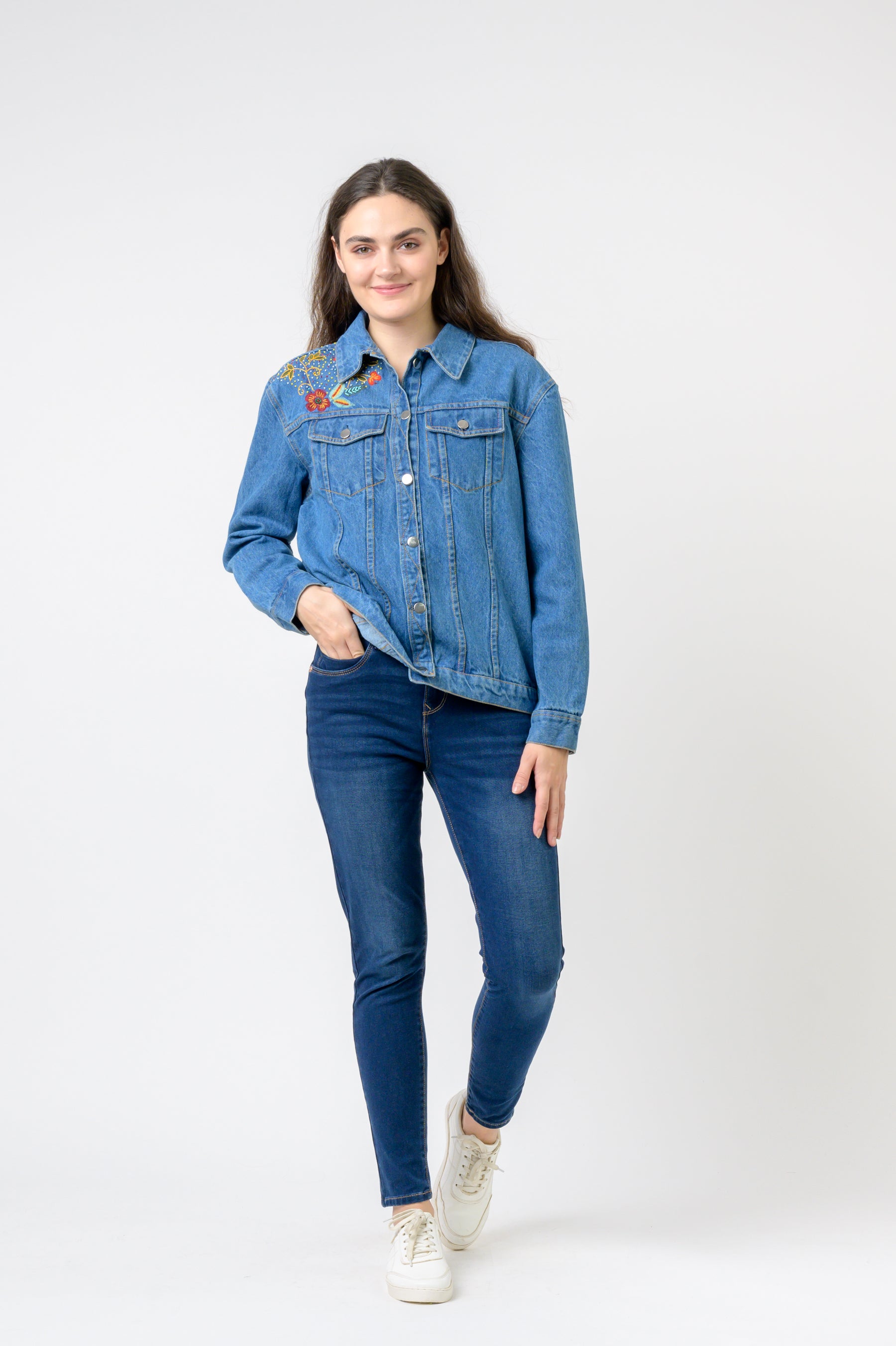 Rhea Cropped Embroidered Denim Jacket