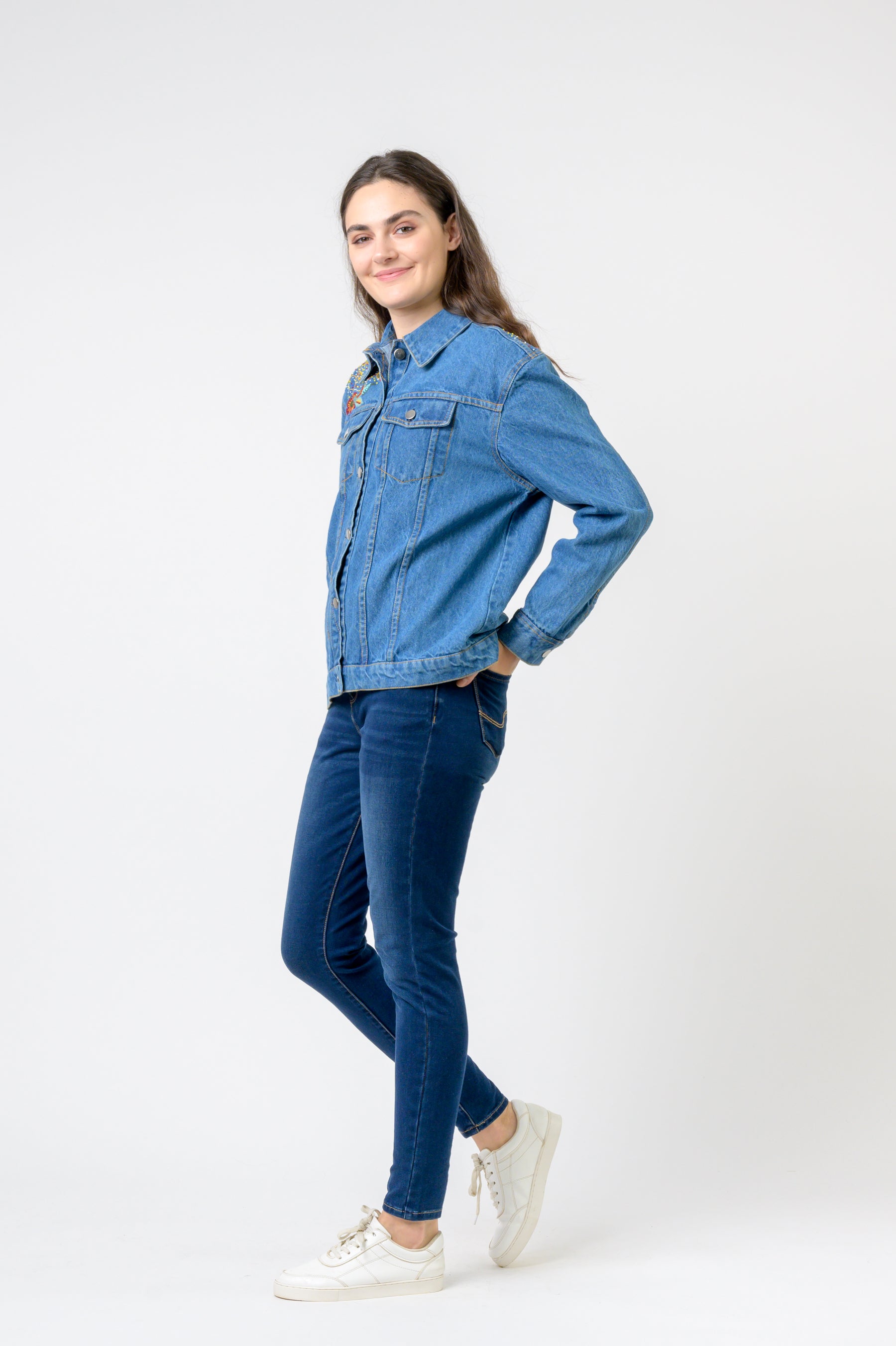 Rhea Cropped Embroidered Denim Jacket