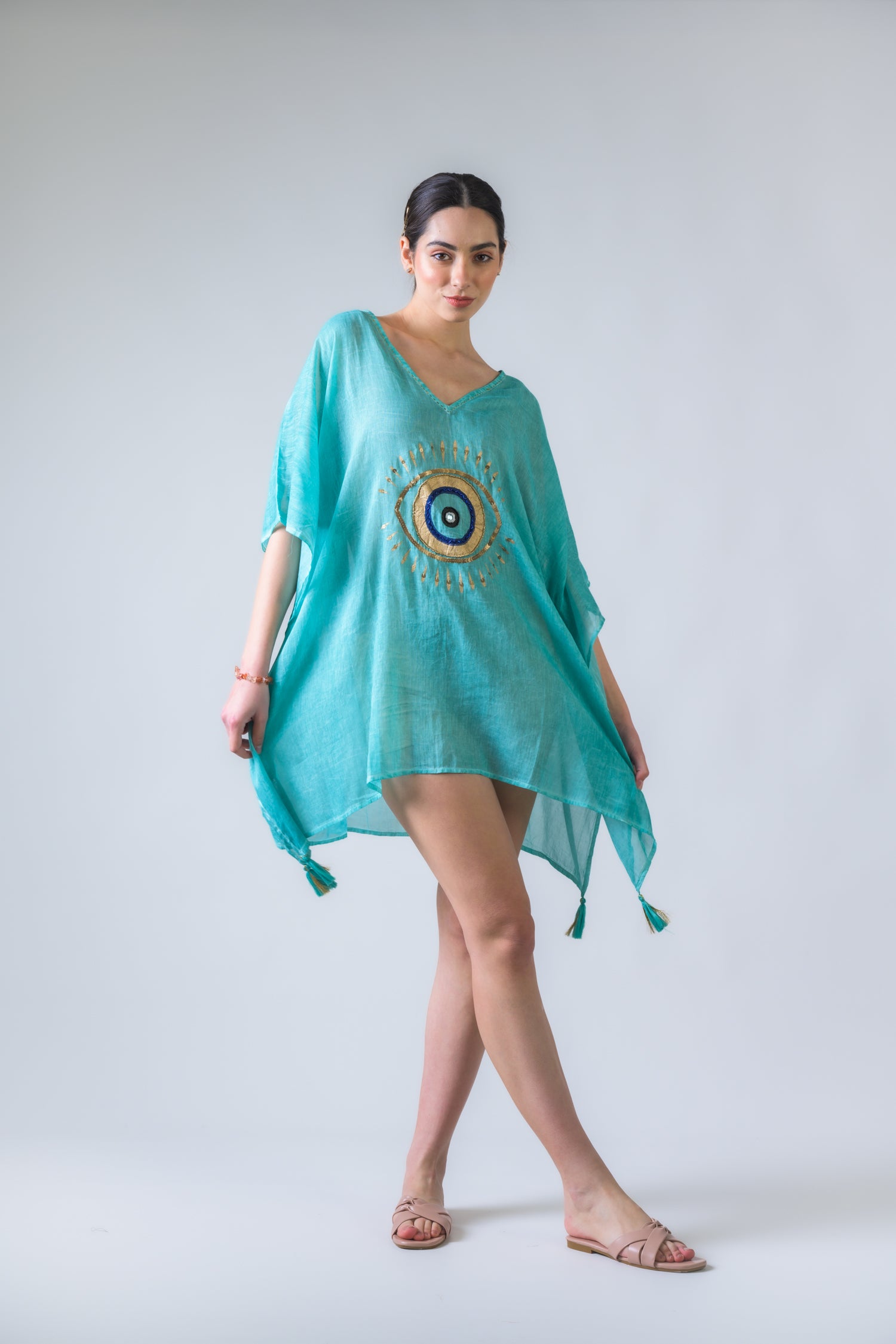 Rhea Evil Eye Brief Kaftan Aqua / One Size