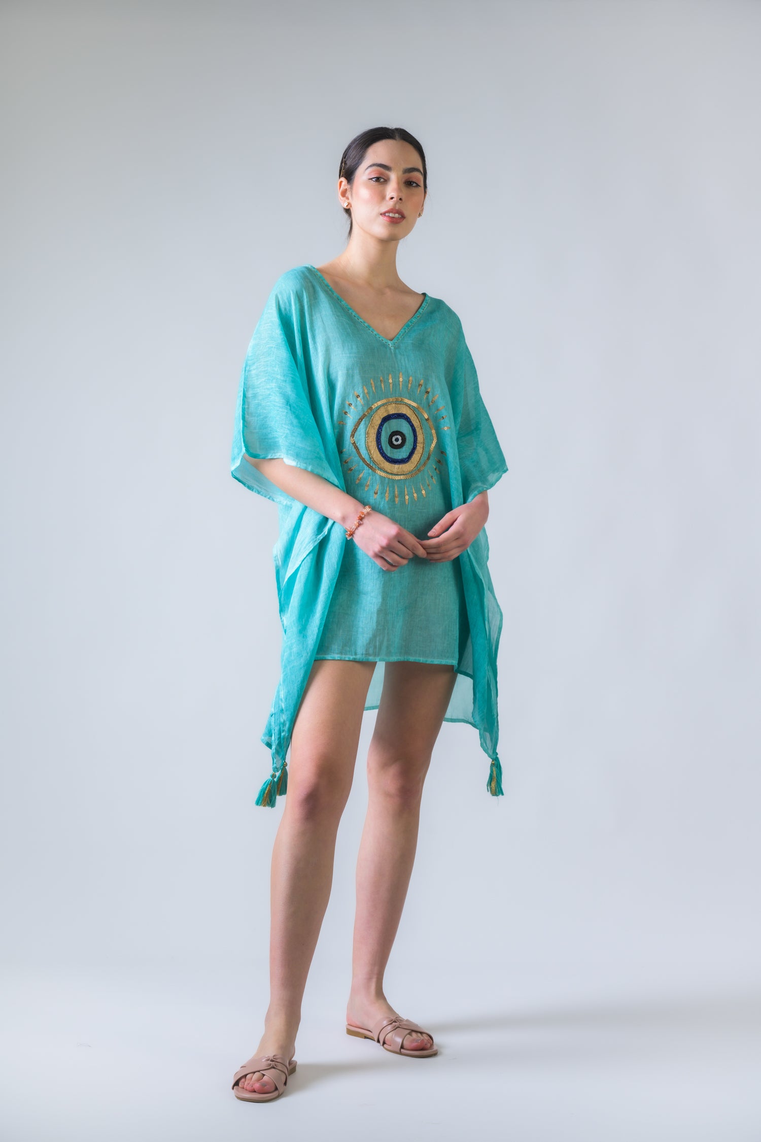 Rhea Evil Eye Brief Kaftan Aqua / One Size