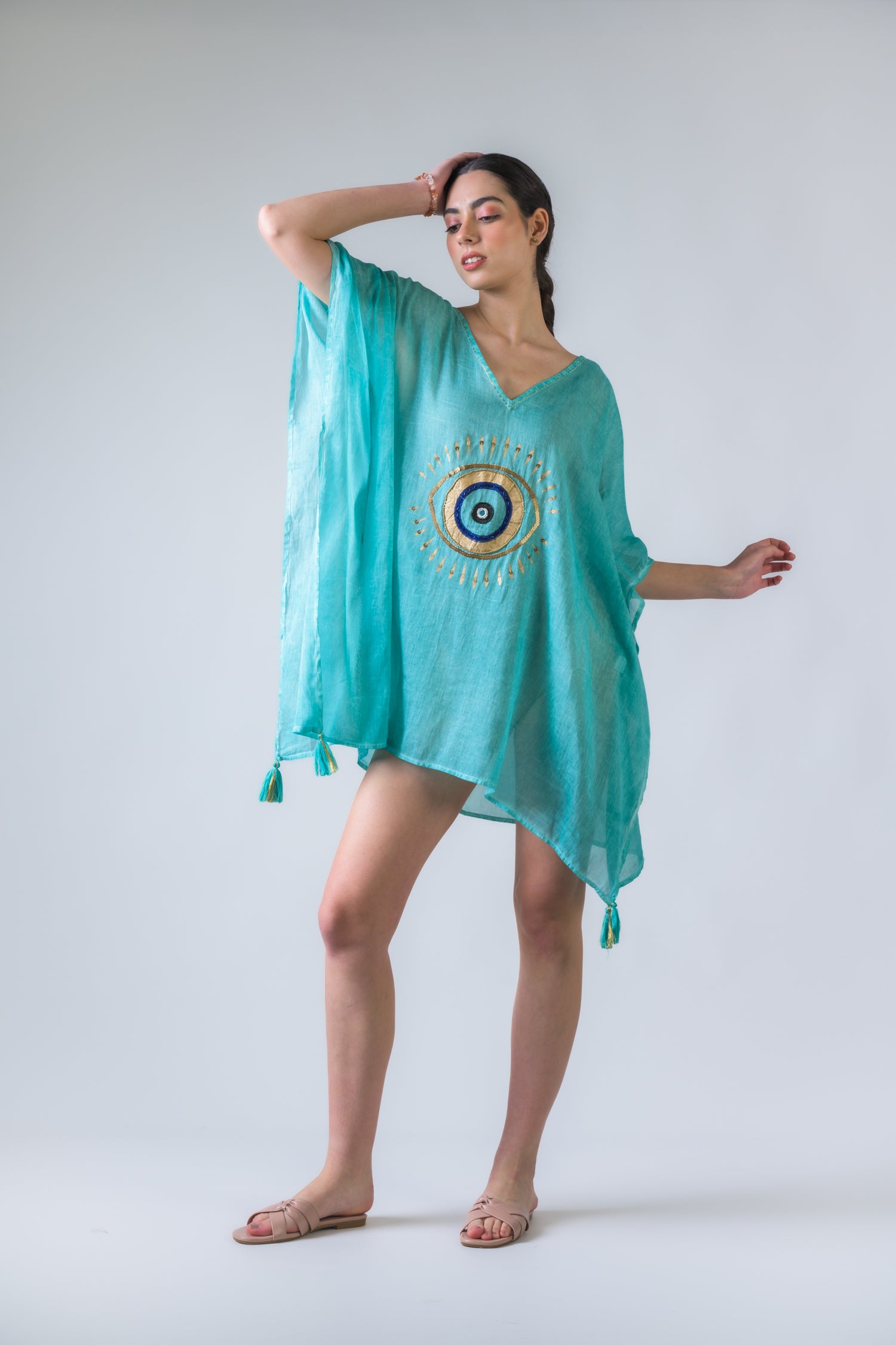 Rhea Evil Eye Brief Kaftan Aqua / One Size