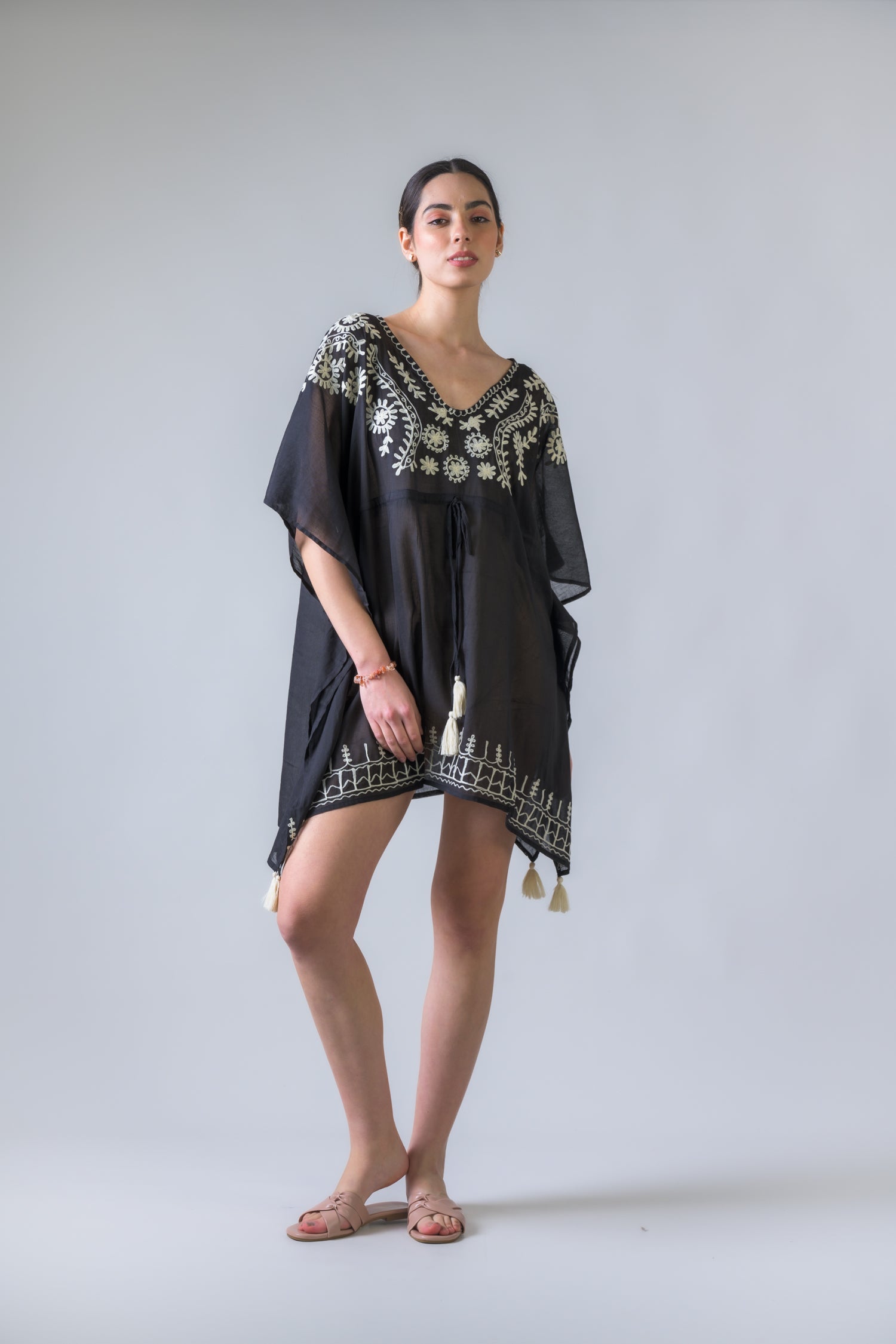 Rhea Tie Waisted Embroidered Short Kaftan Black / One Size