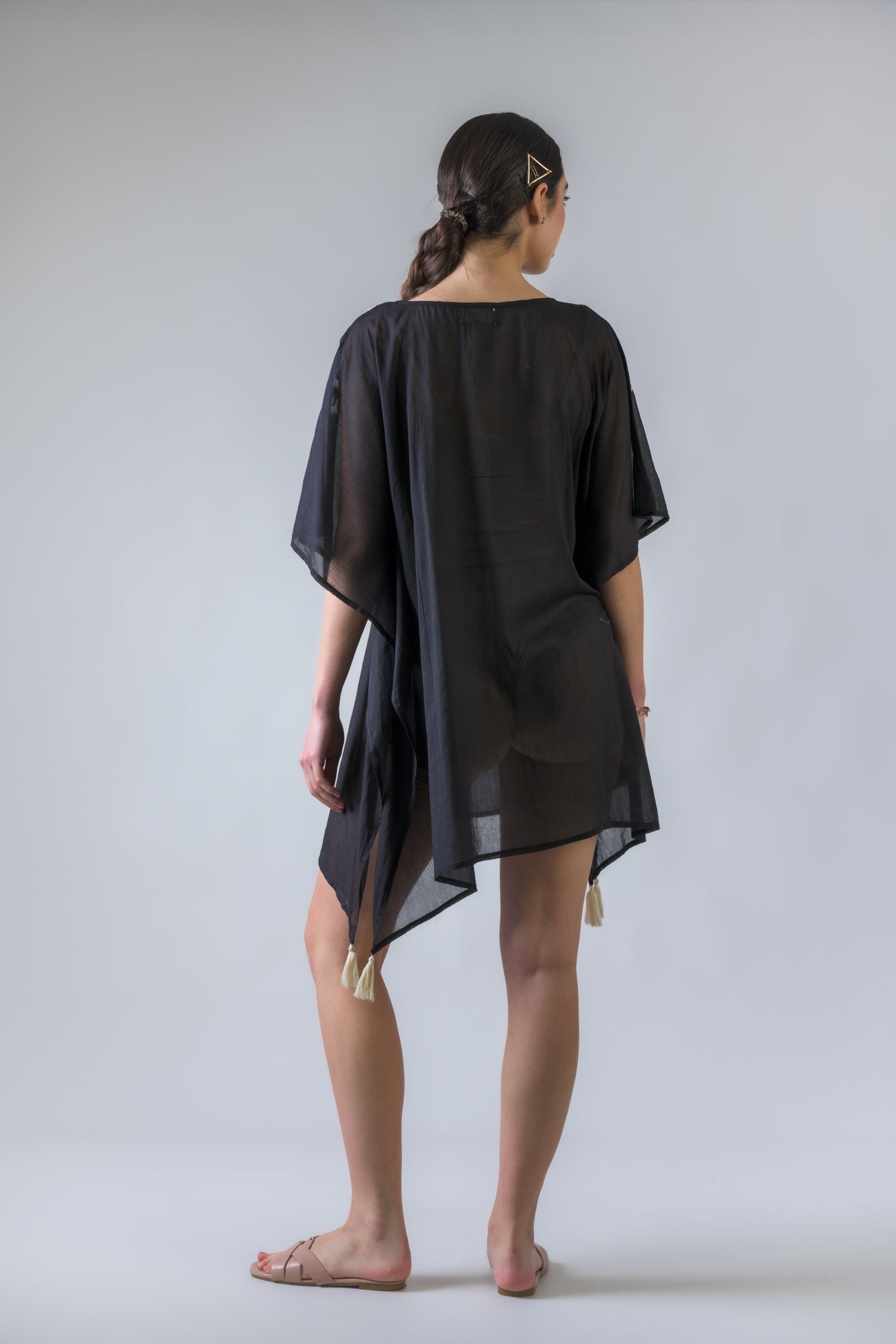 Rhea Tie Waisted Embroidered Short Kaftan Black / One Size