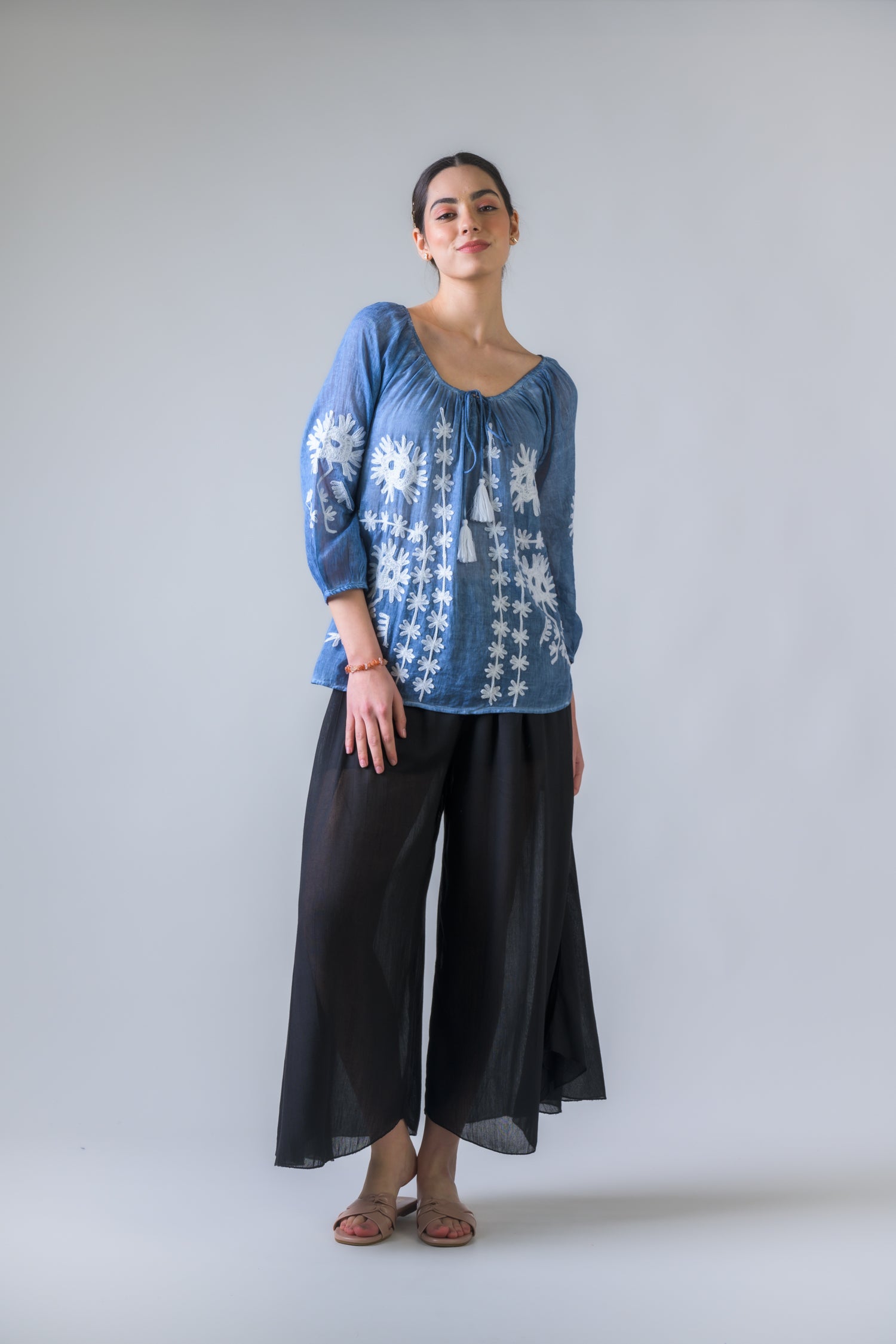 Rhea Embroidered Long Sleeve Cotton Top Orange / One Size