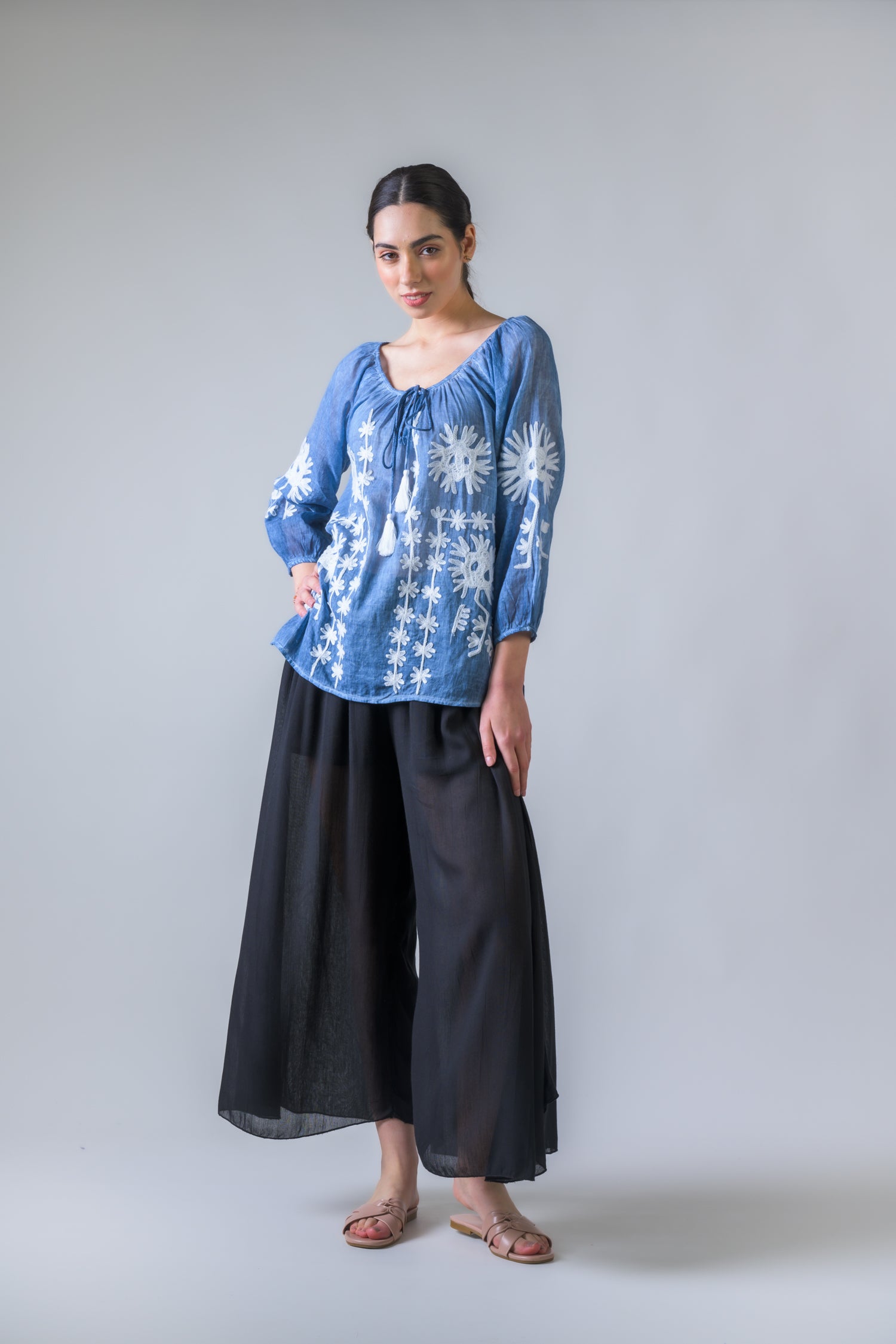 Rhea Embroidered Long Sleeve Cotton Top Orange / One Size