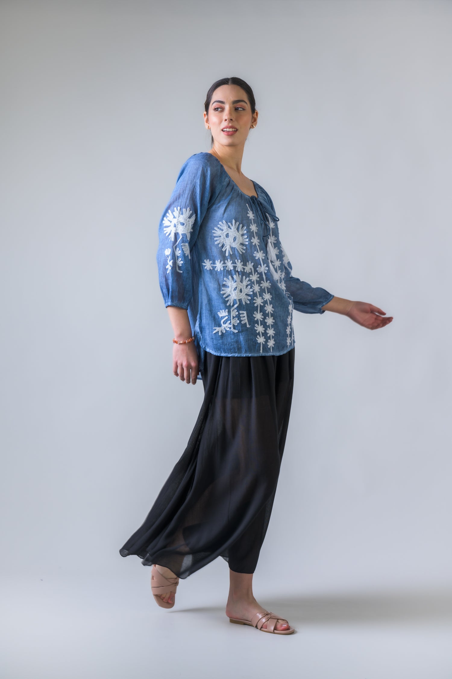 Rhea Embroidered Long Sleeve Cotton Top Orange / One Size