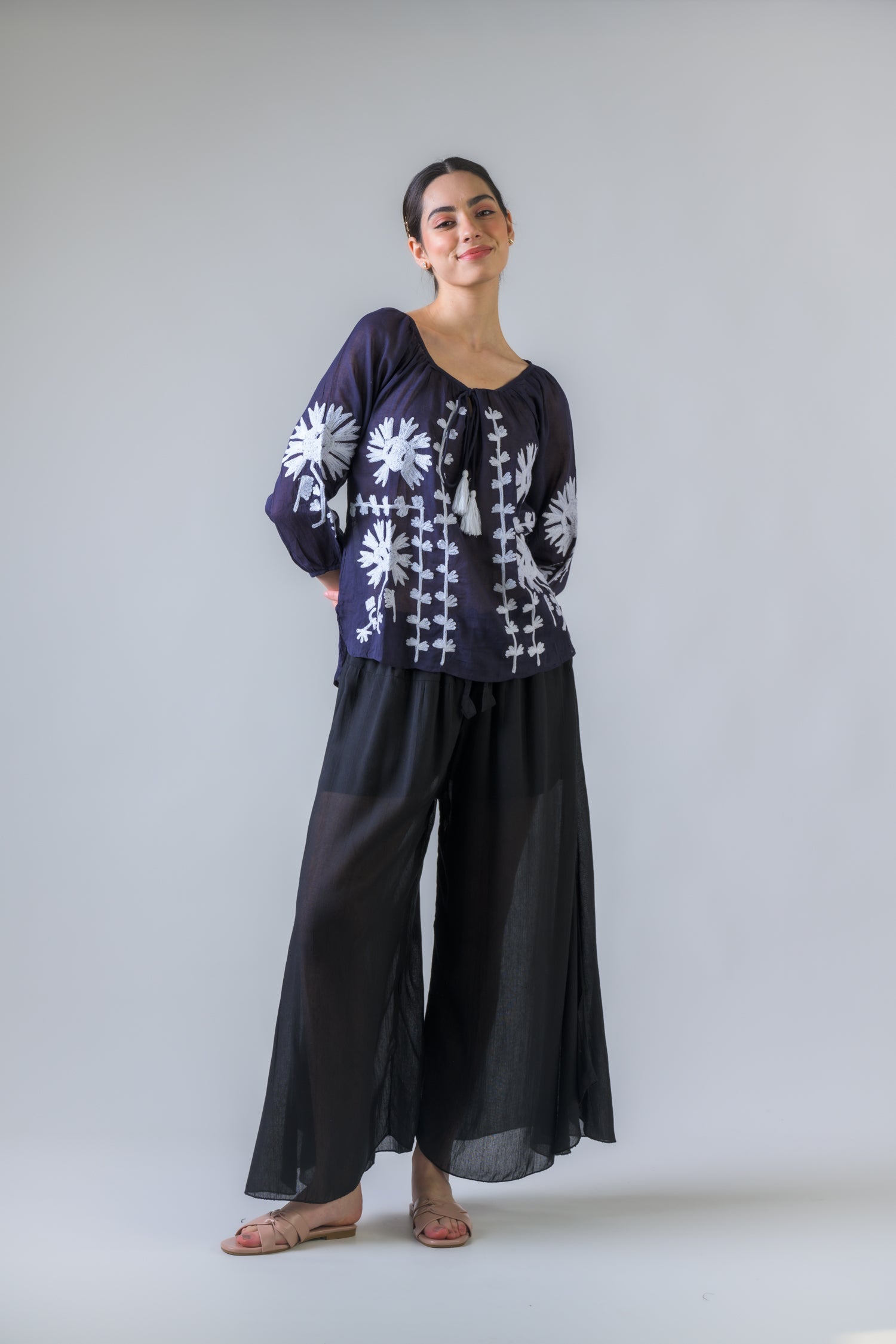 Rhea Embroidered Long Sleeve Cotton Top Orange / One Size