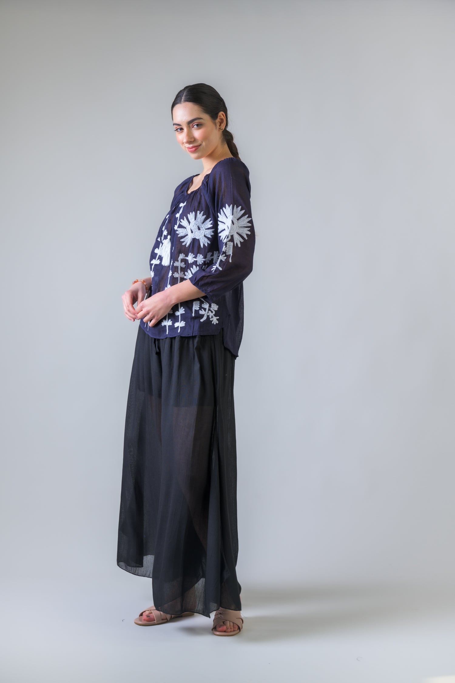 Rhea Embroidered Long Sleeve Cotton Top Orange / One Size